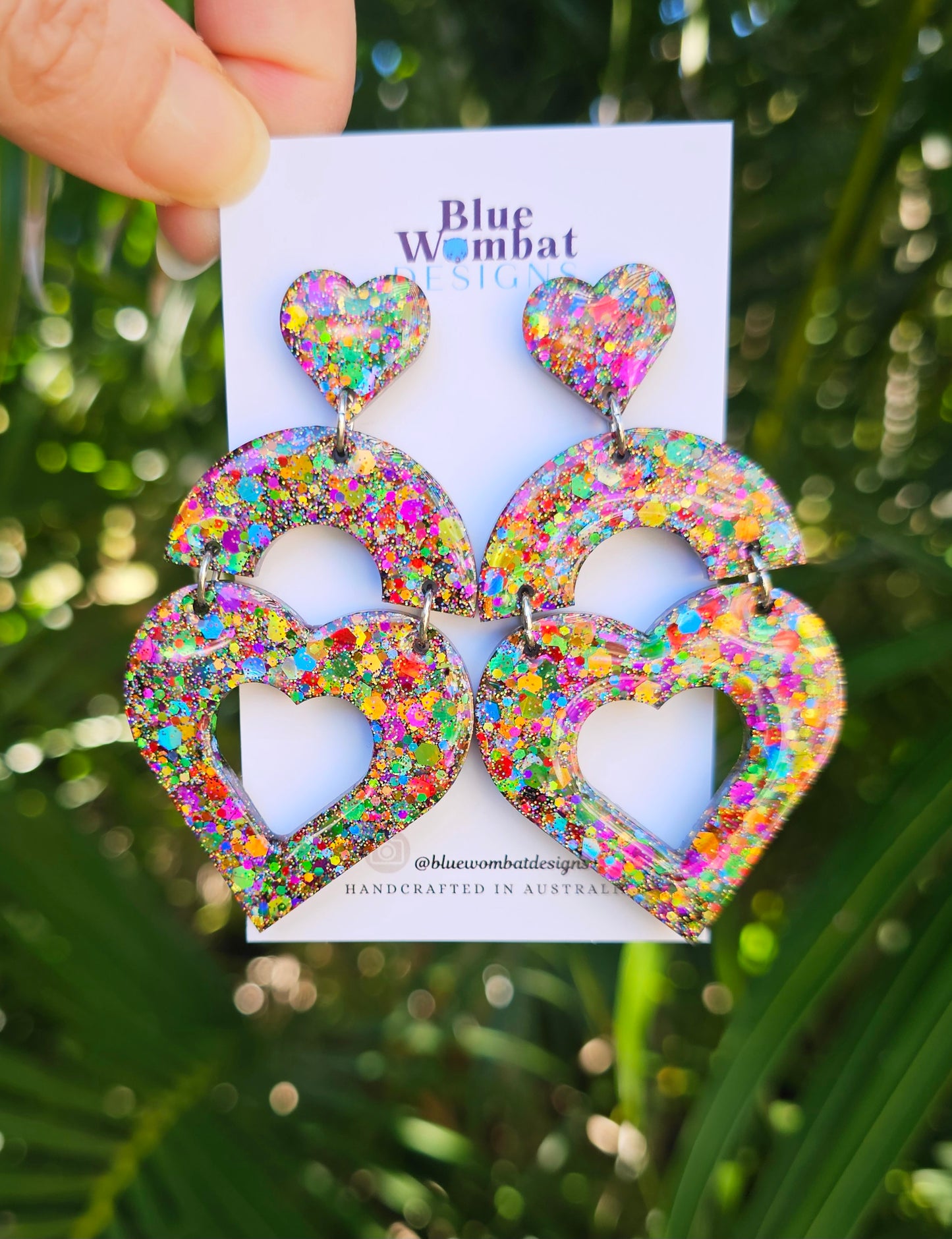 Rainbow Glitter Large Love Heart Resin Dangle Domed Statement Earrings