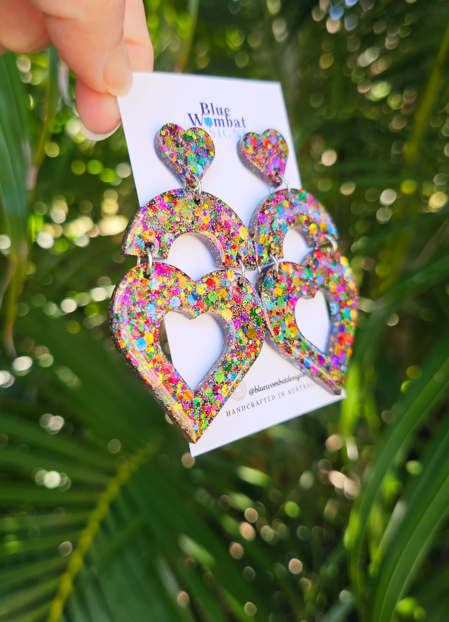 Rainbow Glitter Large Love Heart Resin Dangle Domed Statement Earrings