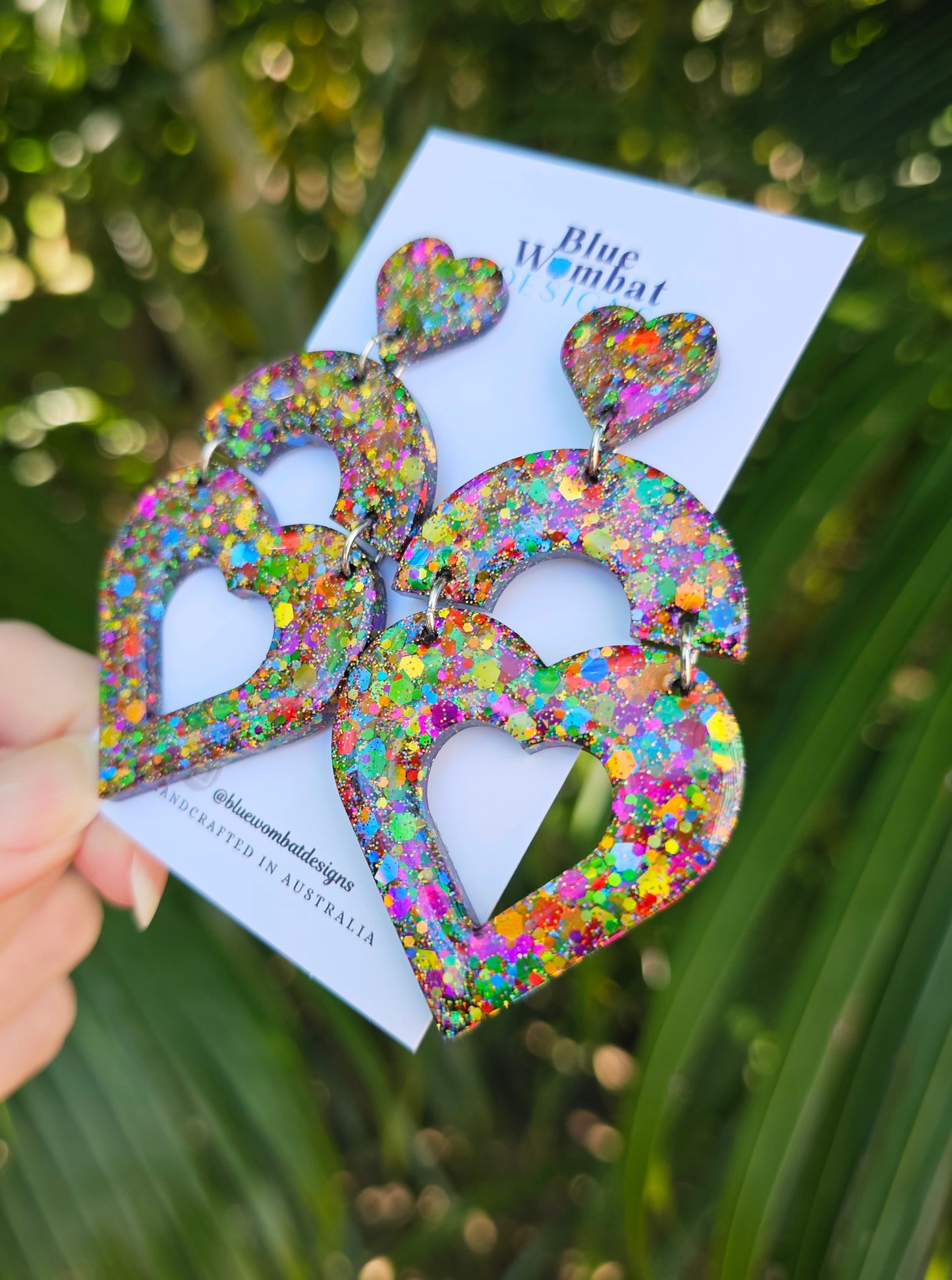Rainbow Glitter Large Love Heart Resin Dangle Domed Statement Earrings