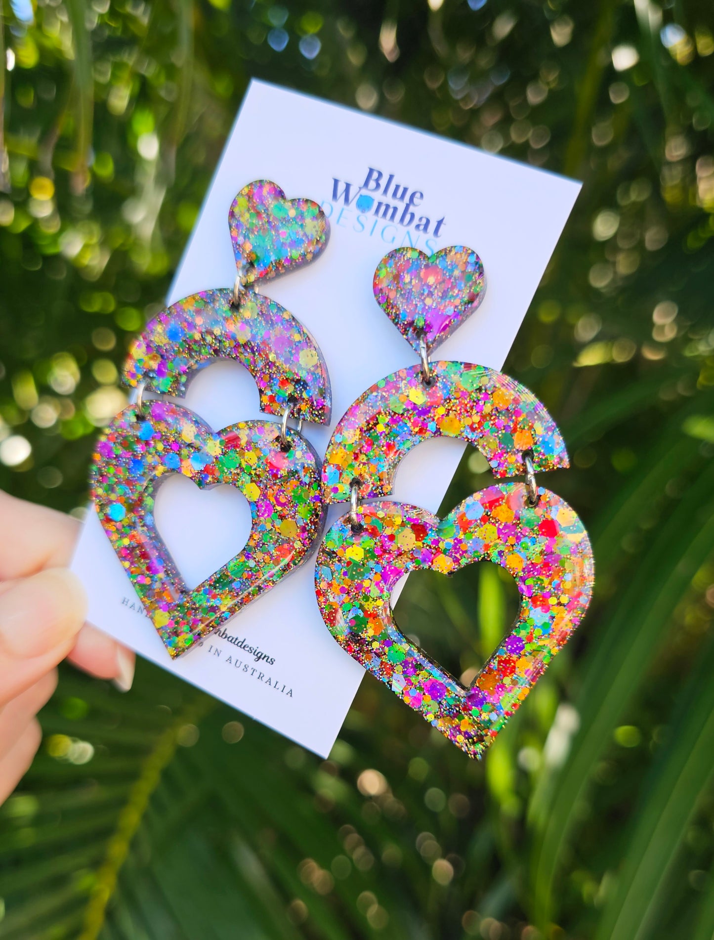Rainbow Glitter Large Love Heart Resin Dangle Domed Statement Earrings