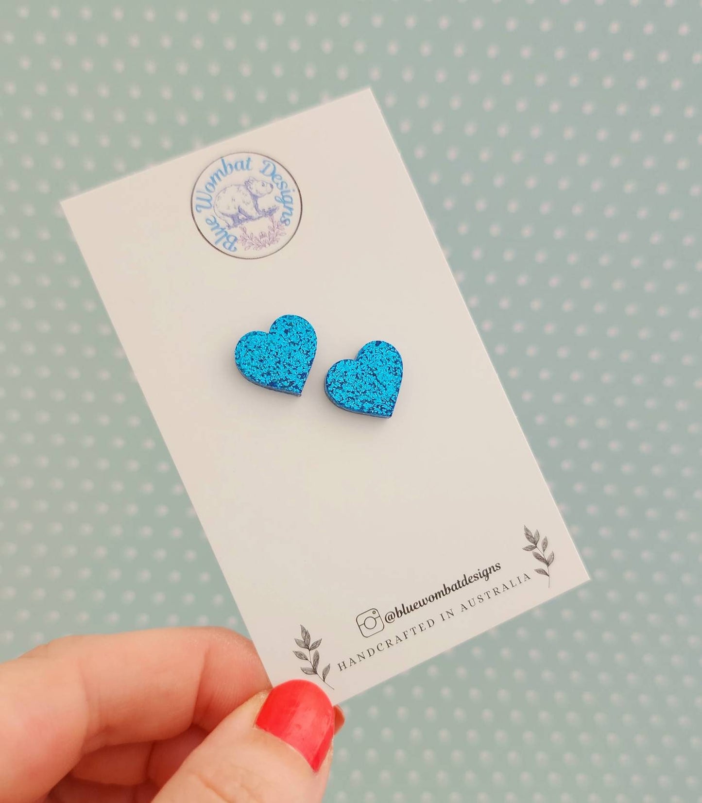 Blue Glitter Love Heart Resin Small Stud Earrings