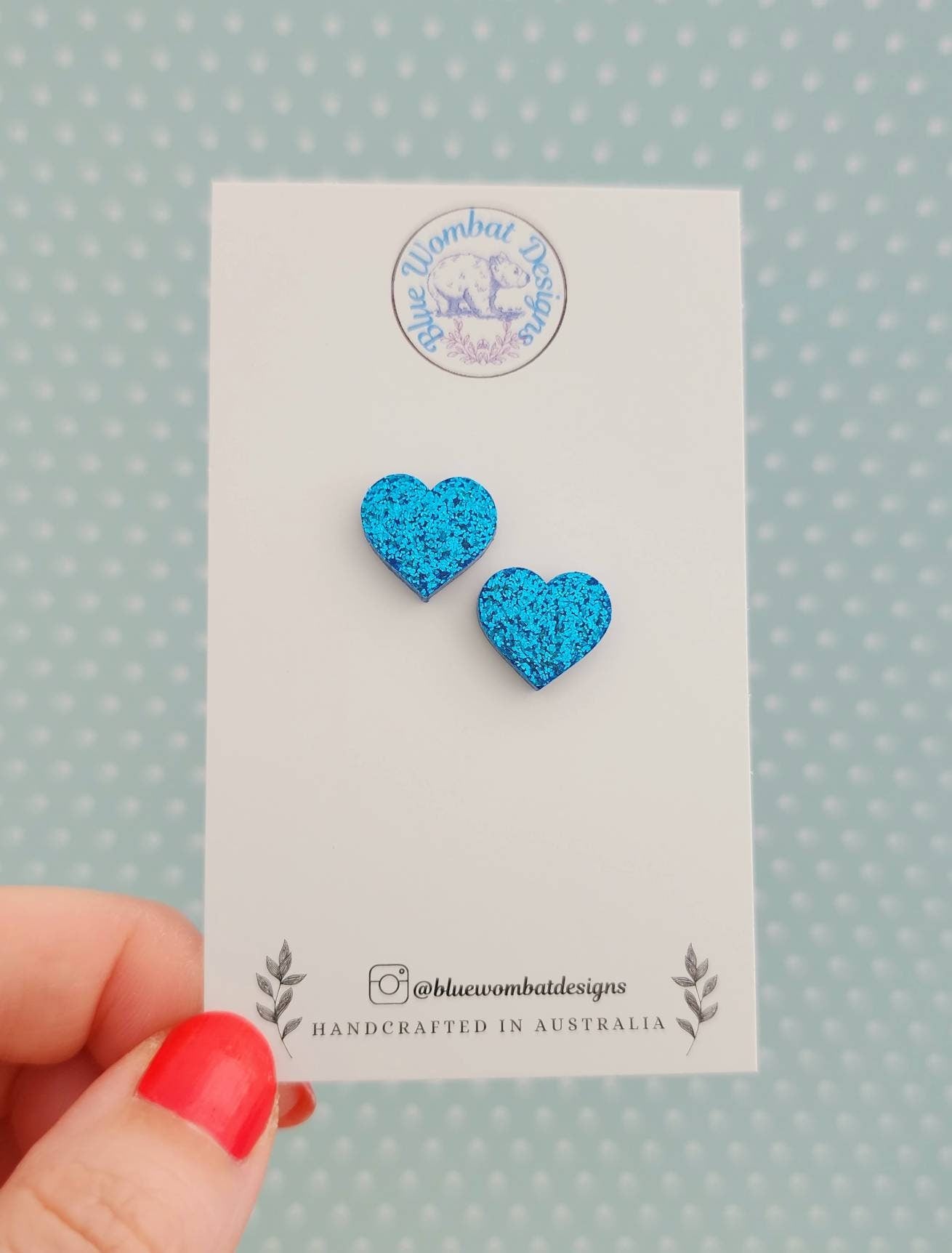 Blue Glitter Love Heart Resin Small Stud Earrings