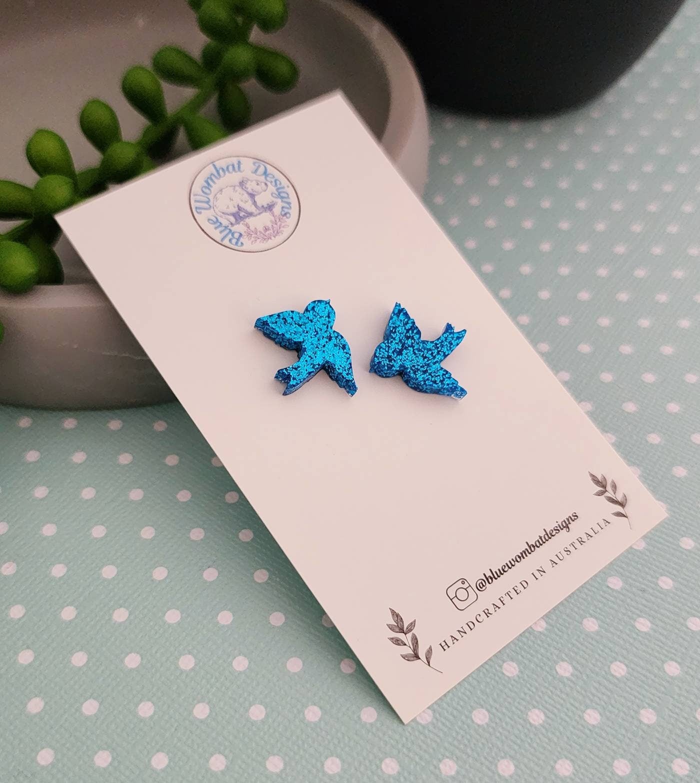 Blue Bird Glitter Resin Stud Earrings