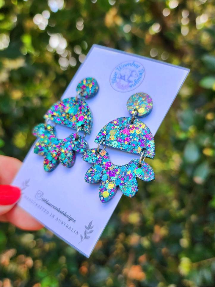 Colourful Glitter Resin Dangle Handmade Statement Earrings