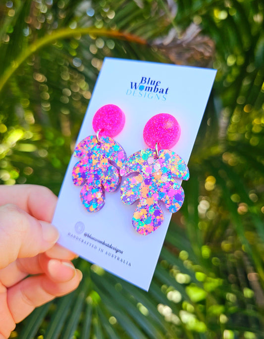 Colourful Leaf Glitter Dangle Handmade Statement Earrings