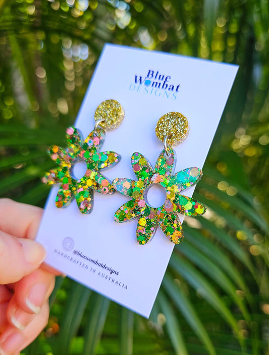 Resin Glitter Flower Dangle Statement Earrings
