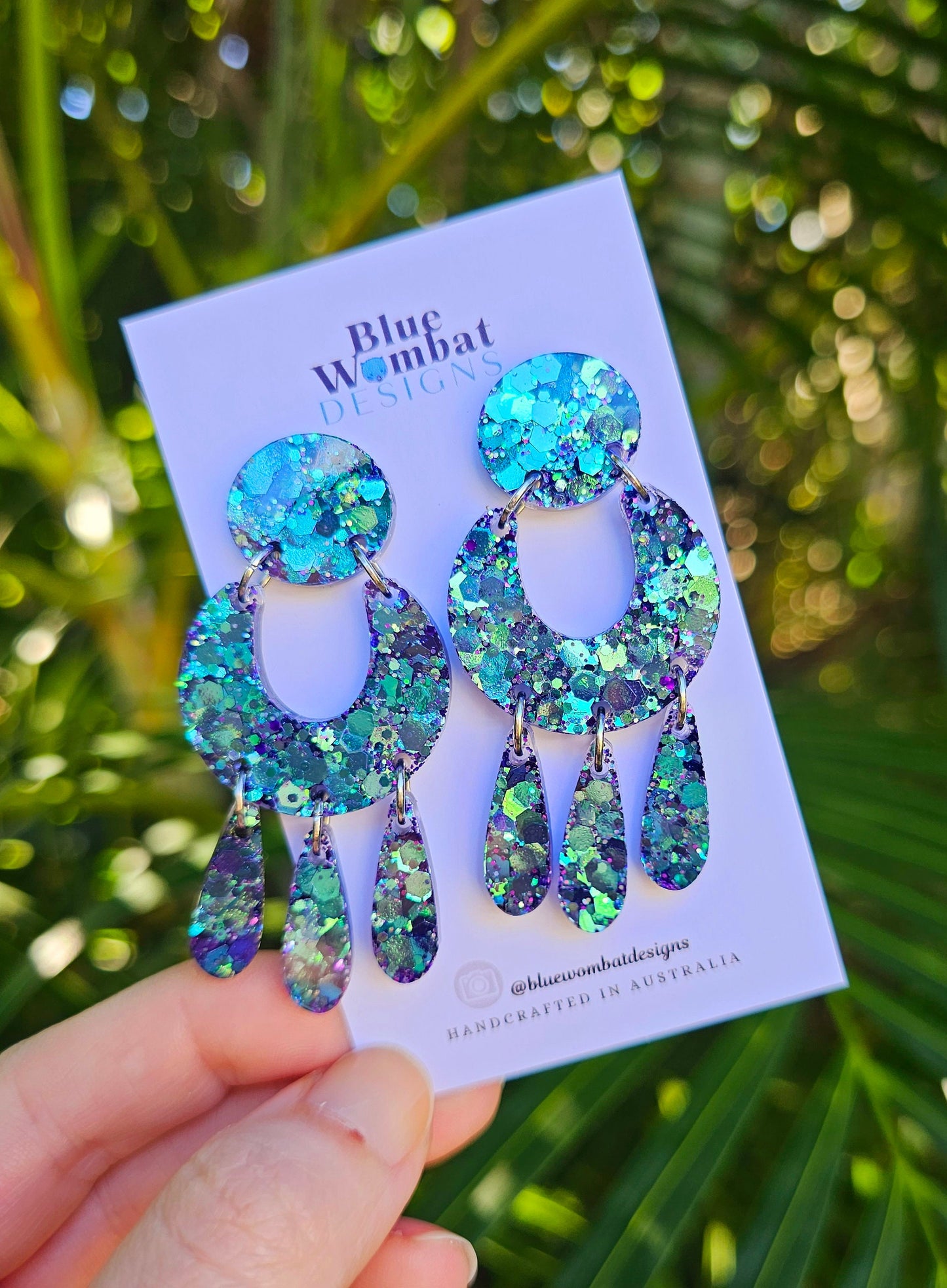 Handmade Sparkle Chameleon Glitter Resin Statement Dangle Earrings