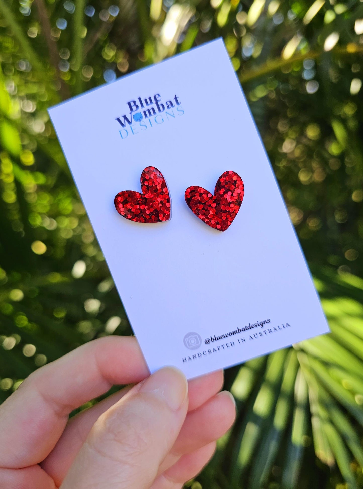 Red Sparkle Glitter Resin Love Heart Stud Earrings 16mm
