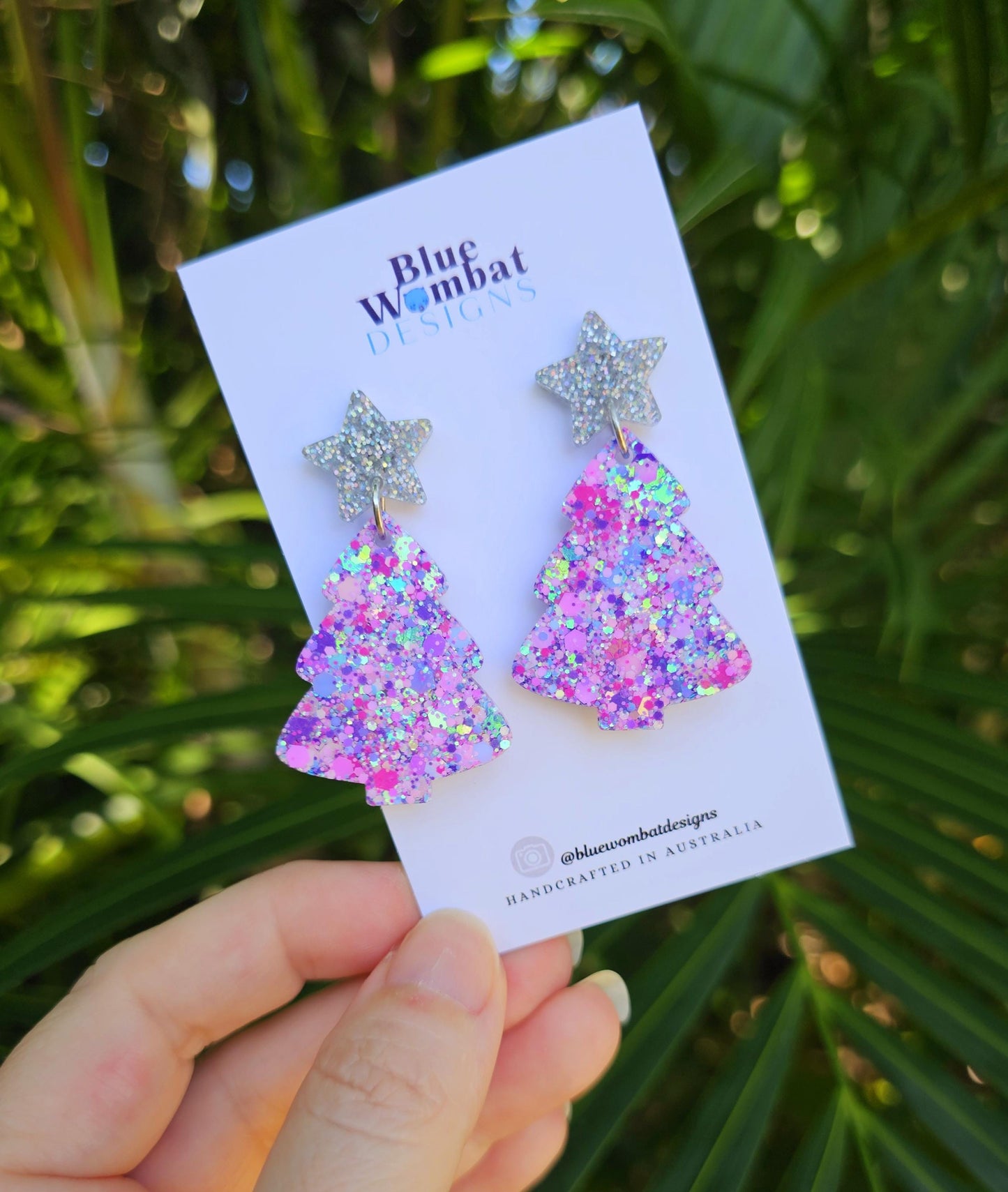 Christmas Tree Glitter Resin Dangle Earrings Handmade