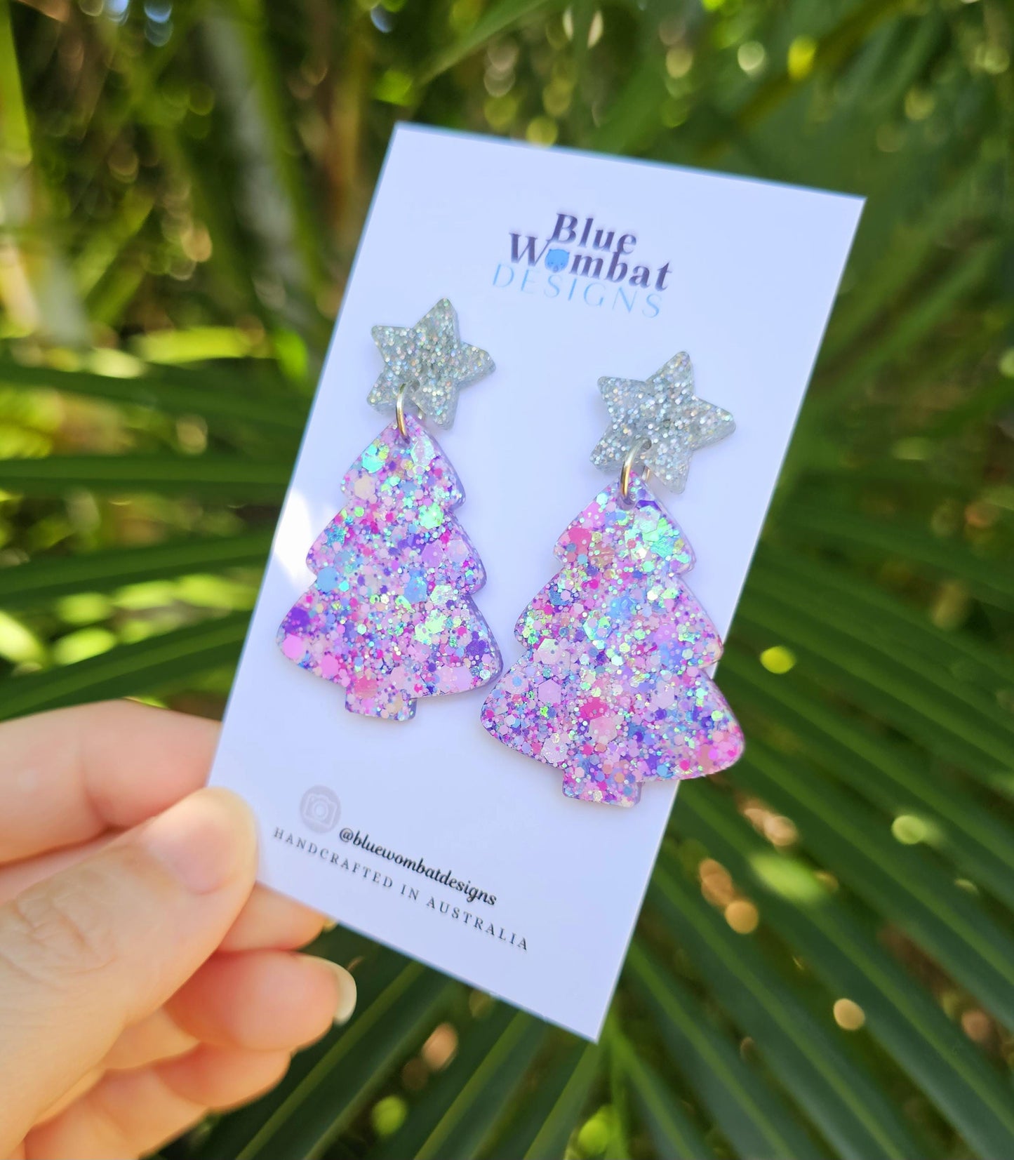 Christmas Tree Glitter Resin Dangle Earrings Handmade