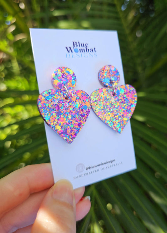 Love Heart Glitter Resin Handmade Dangle Earrings