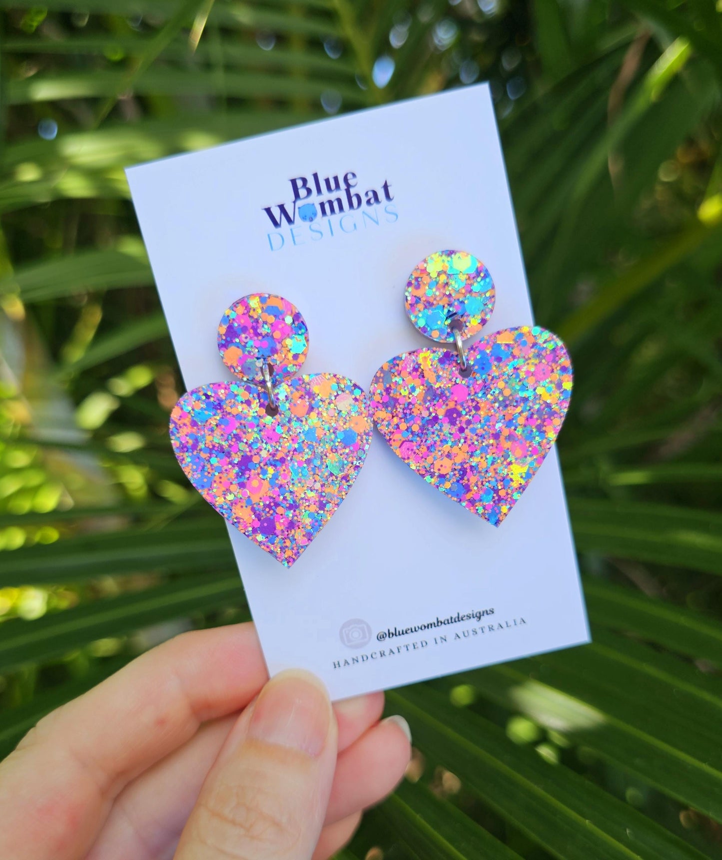 Love Heart Colourful Glitter Resin Handmade Dangle Statement Earrings