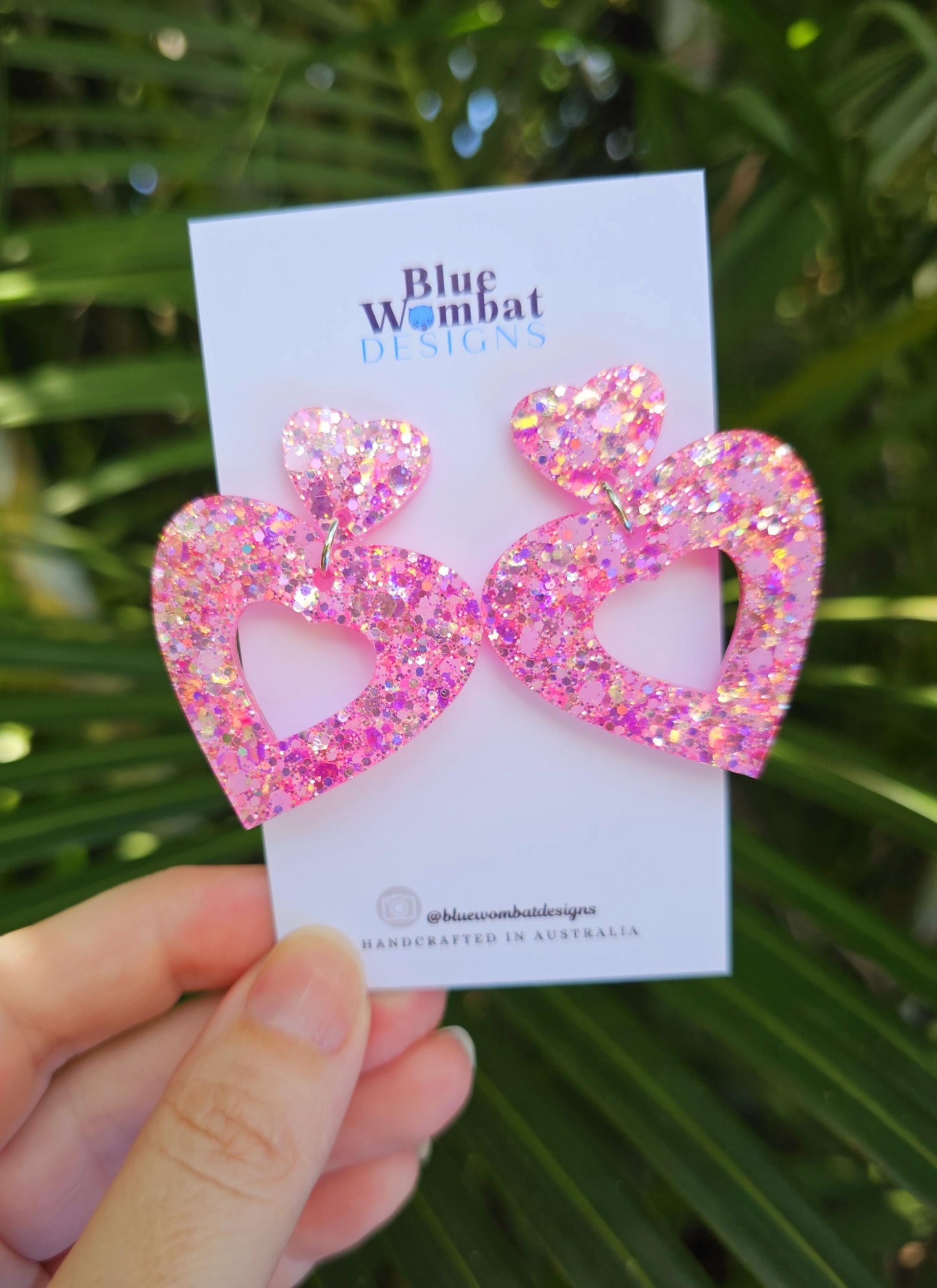 Pink Love Heart Glitter Resin Dangle Earrings