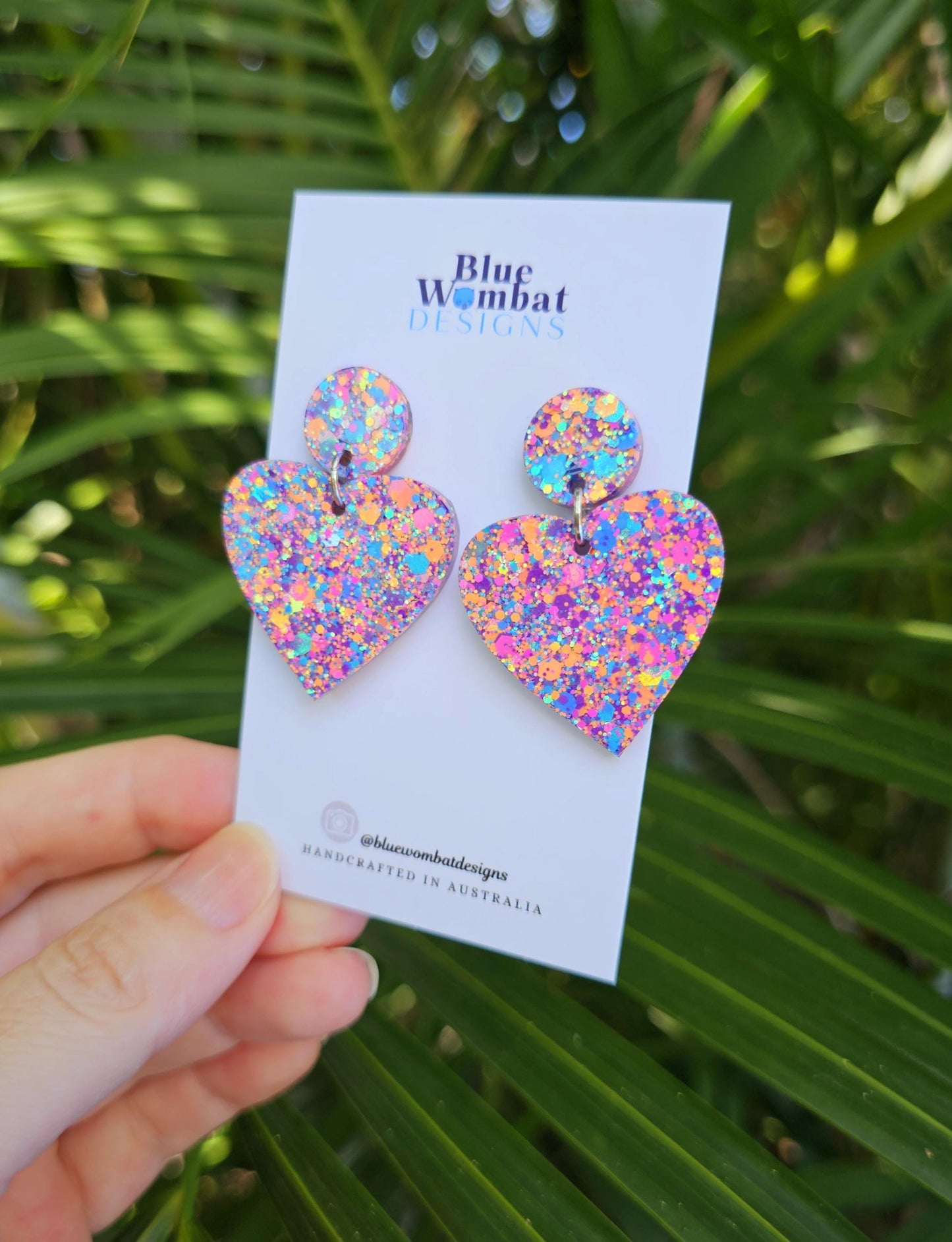 Love Heart Colourful Glitter Resin Handmade Dangle Statement Earrings