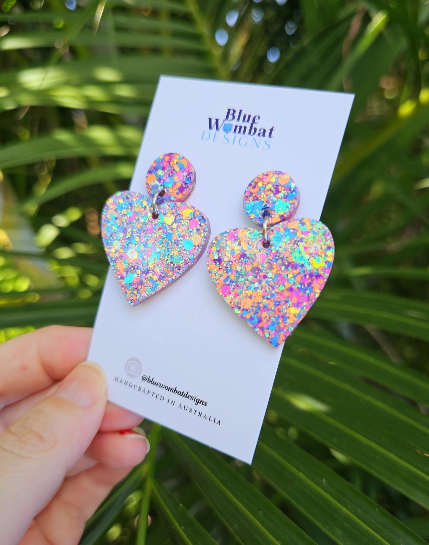 Love Heart Colourful Glitter Resin Handmade Dangle Statement Earrings