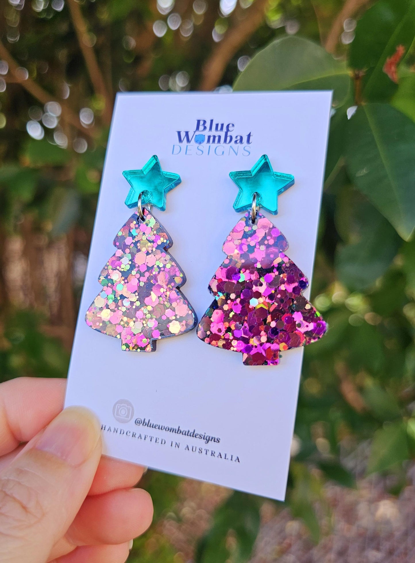 Christmas Tree Chameleon Glitter Resin Dangle Earrings Handmade