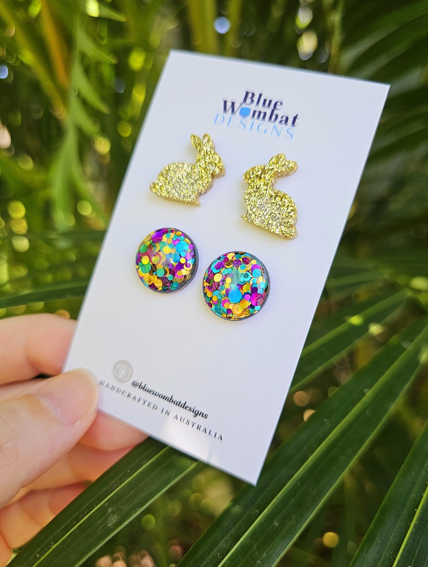 Double Pack Bunny Rabbit and Round Glitter Resin Handmade Earring Set Studs