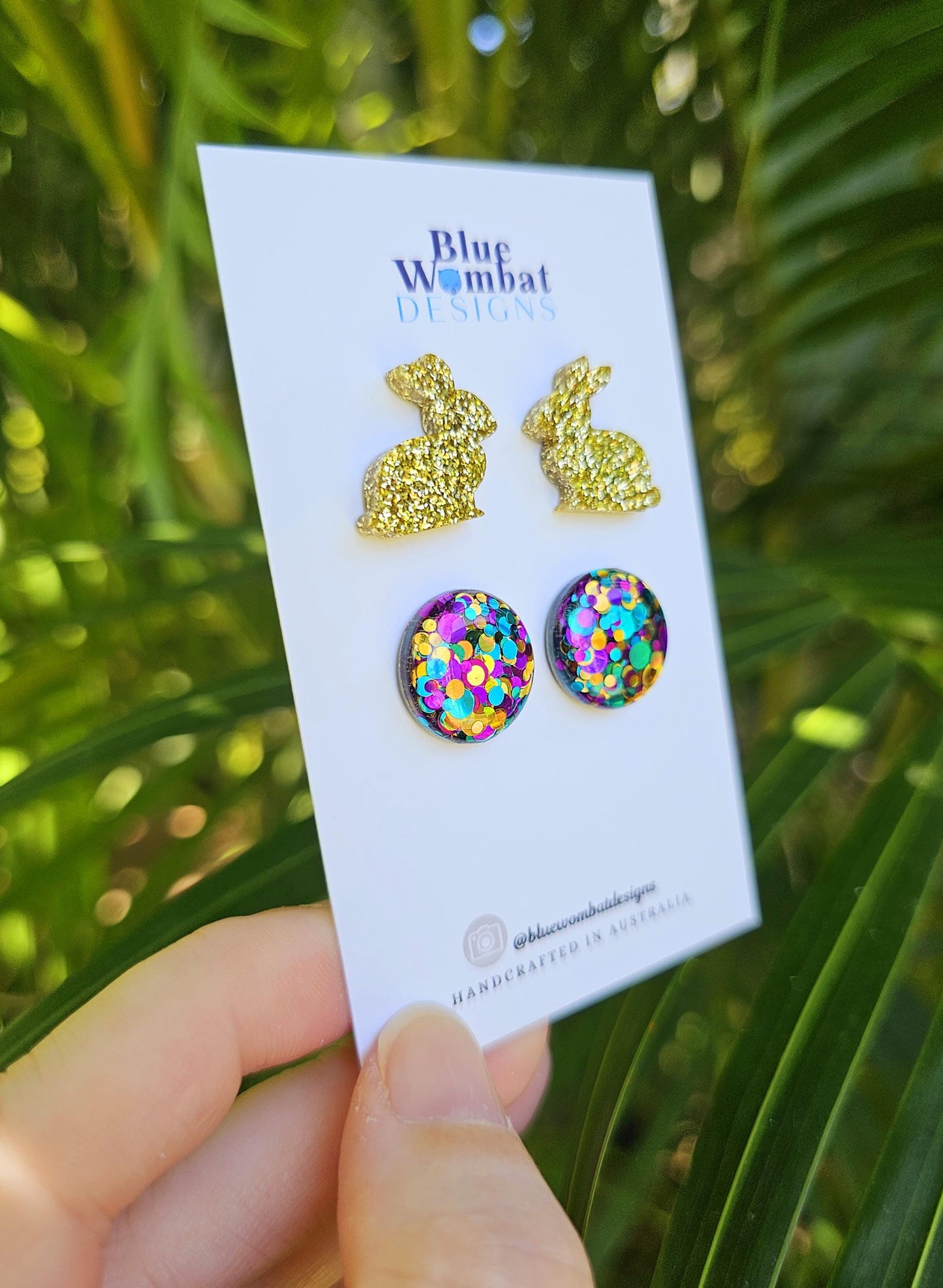 Double Pack Bunny Rabbit and Round Glitter Resin Handmade Earring Set Studs
