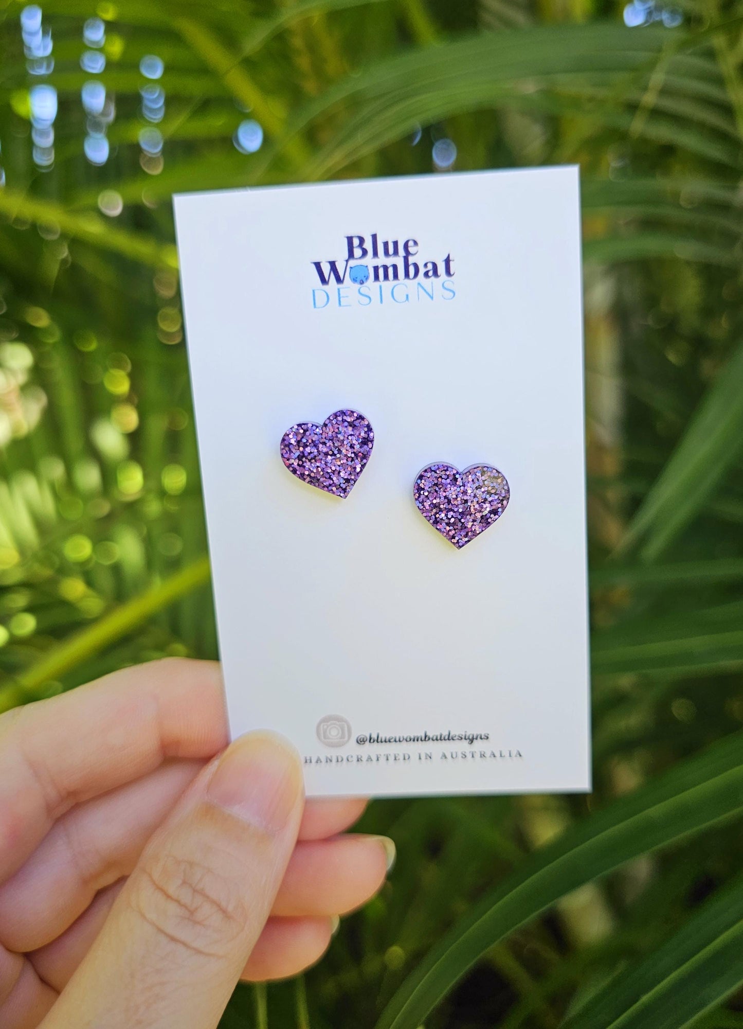 Purple Glitter Love Heart Resin Small Stud Earrings