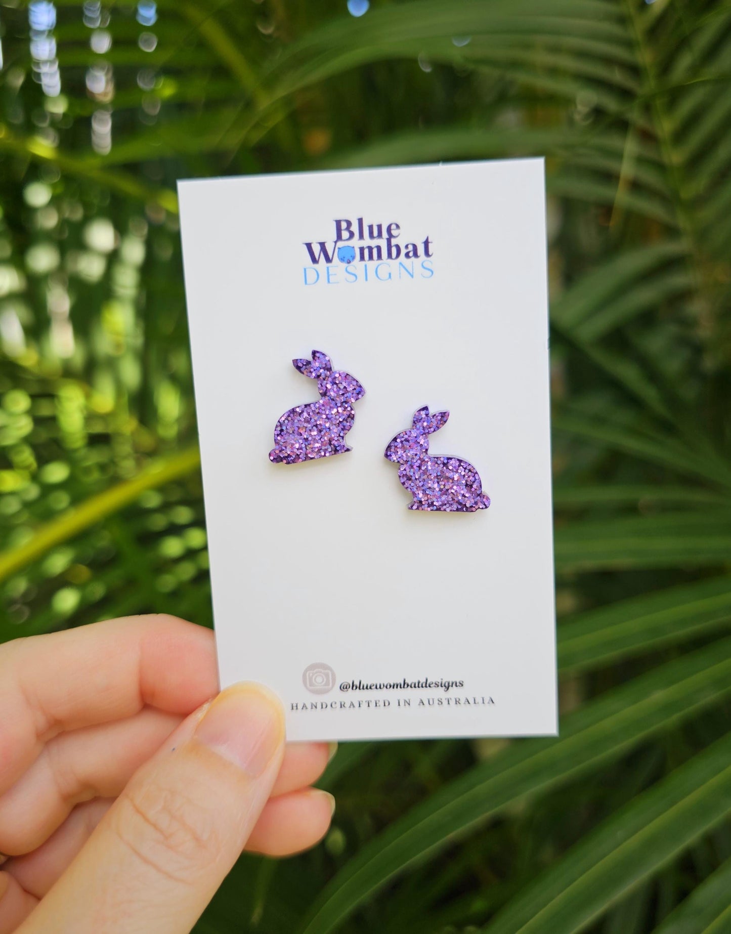 Rabbit Bunny Purple Glitter Resin Handmade Studs