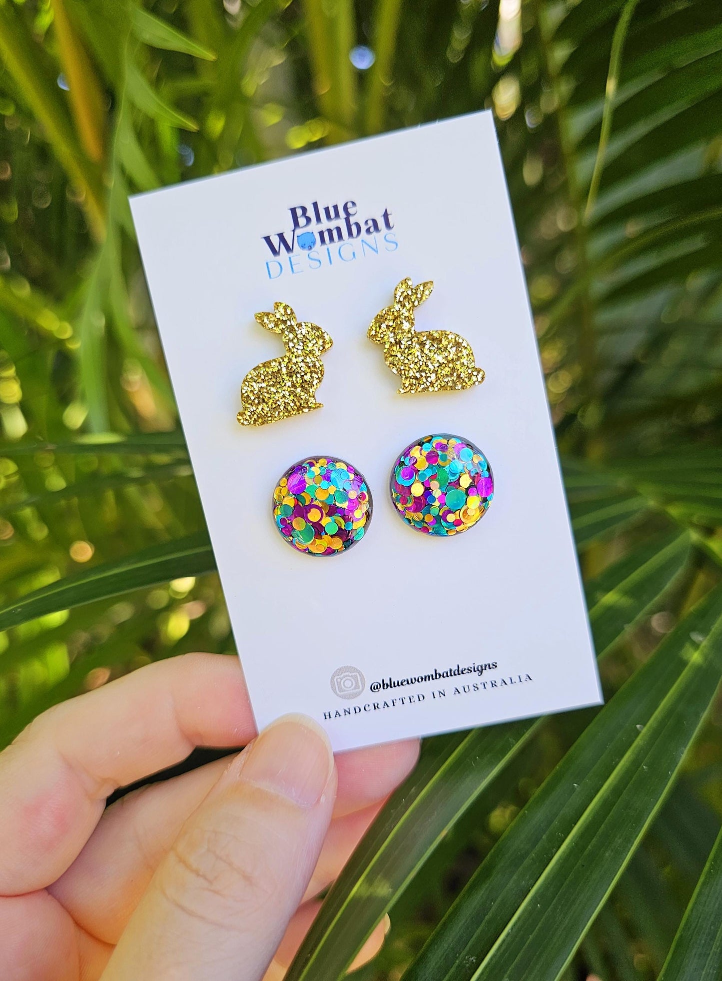 Double Pack Bunny Rabbit and Round Glitter Resin Handmade Earring Set Studs