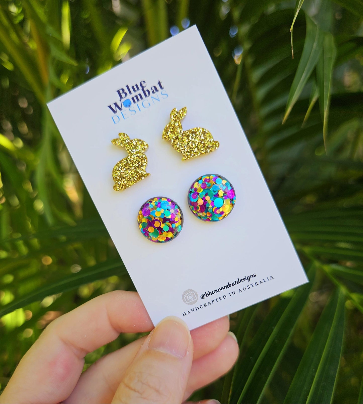 Double Pack Bunny Rabbit and Round Glitter Resin Handmade Earring Set Studs