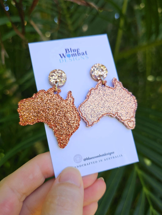 Australia Map Glitter Resin Dangle Statement Earrings