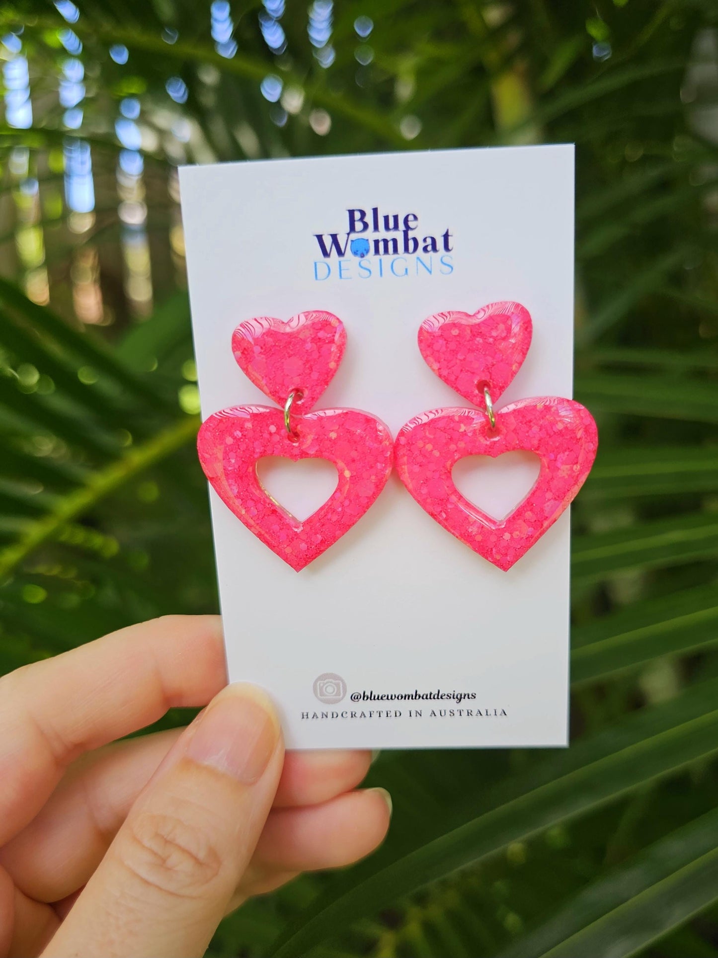 Pink Love Heart Glitter Resin Sparkle Domed Dangle Earrings