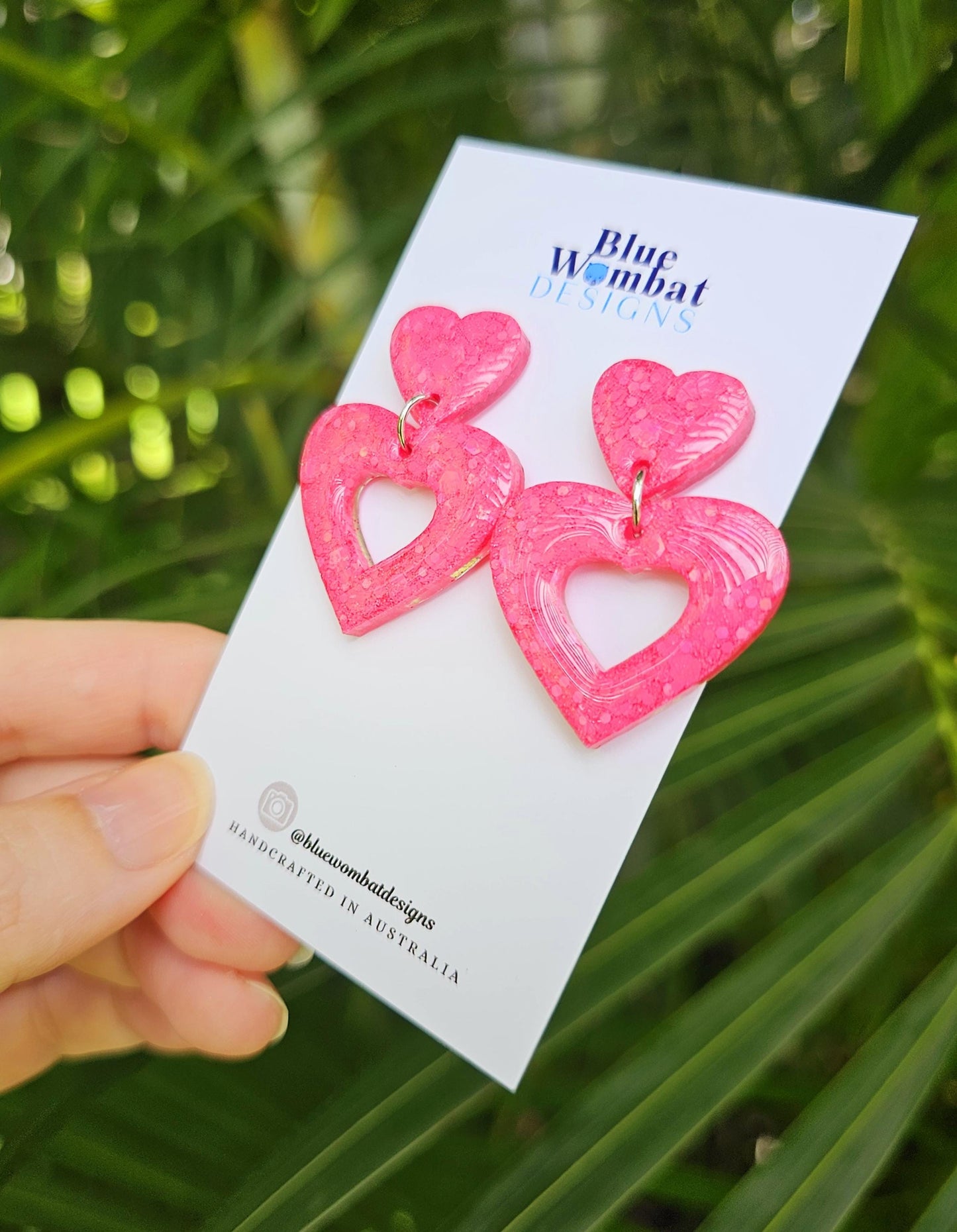 Pink Love Heart Glitter Resin Sparkle Domed Dangle Earrings