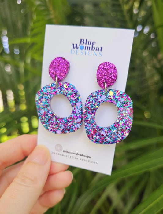 Handmade Glitter Resin Organic Shape Dangle Earrings 50mm x 30mm