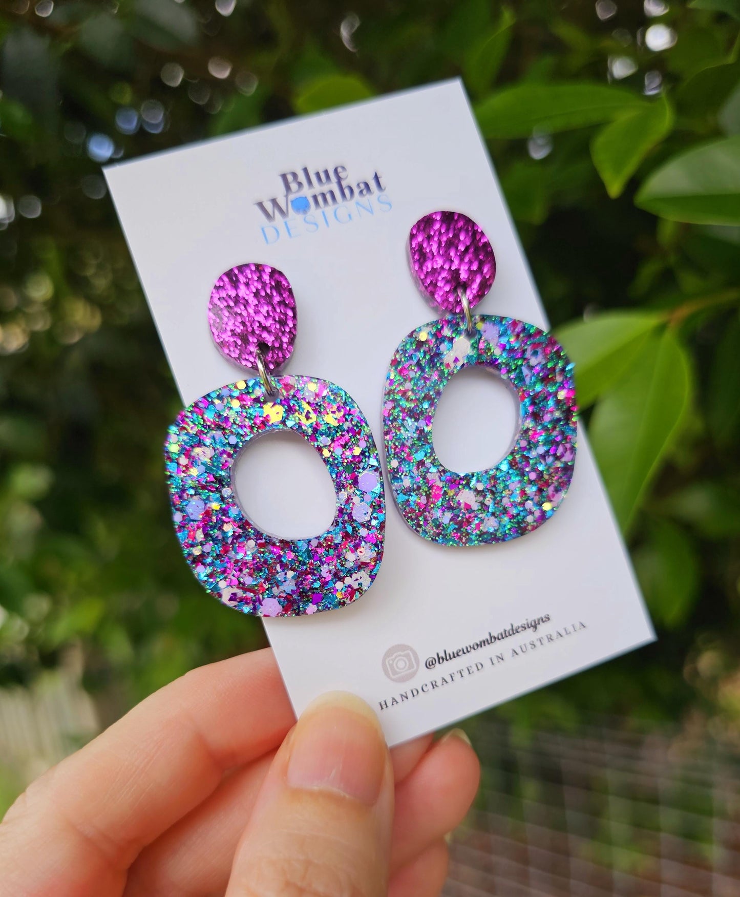 Handmade Glitter Resin Organic Shape Dangle Earrings 50mm x 30mm