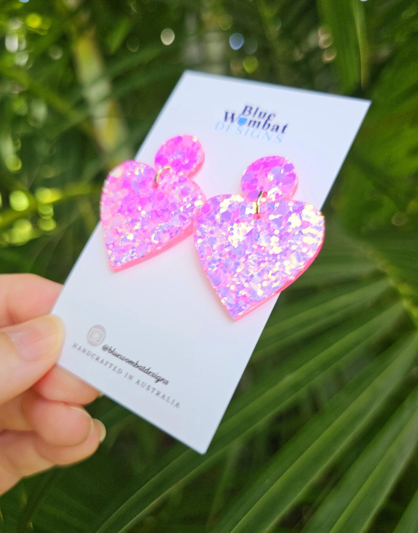 Sparkle Pink Love Heart Glitter Resin Dangle Statement Earrings