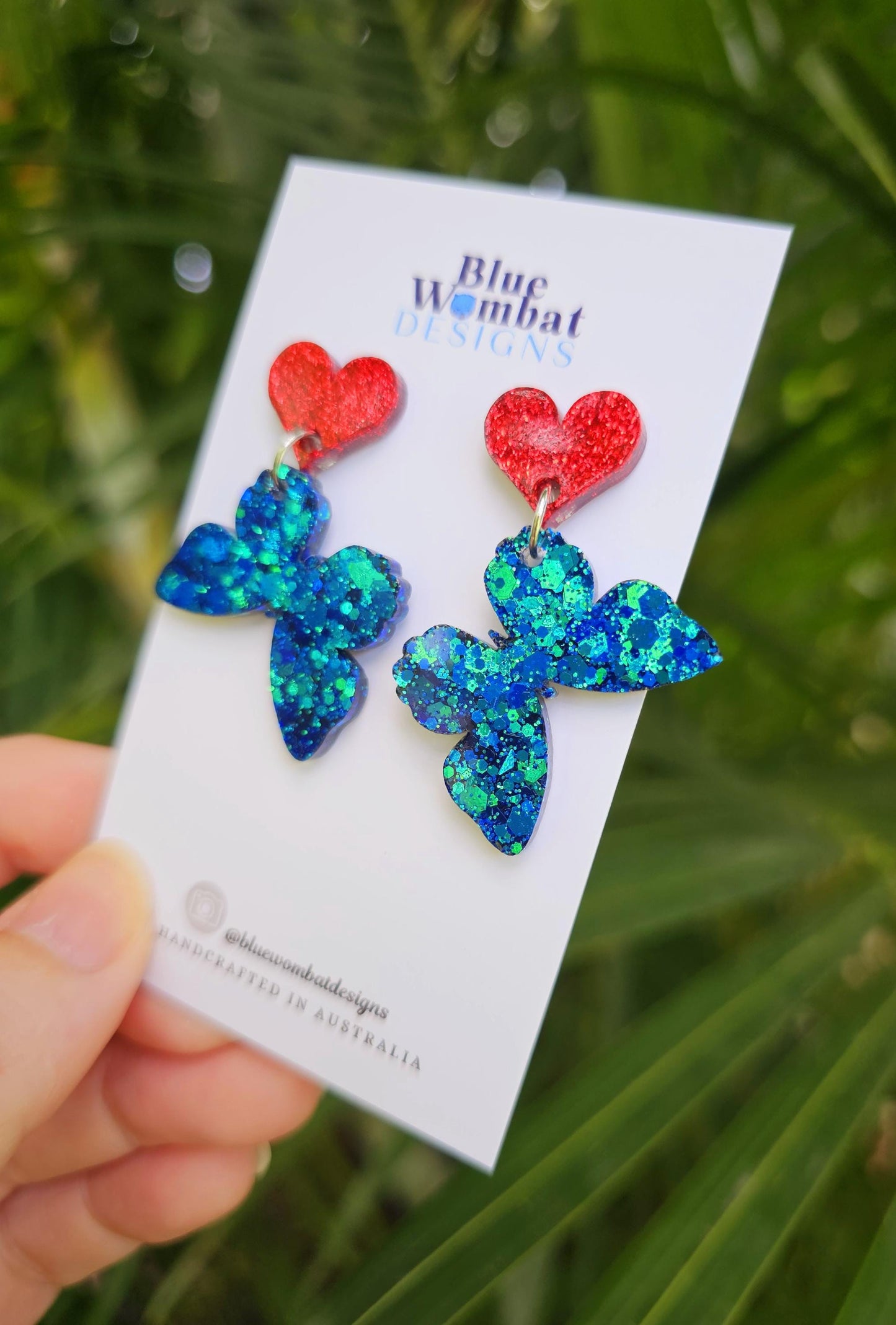 Butterfly Chameleon Glitter Resin Love Heart Statement Dangle Earrings