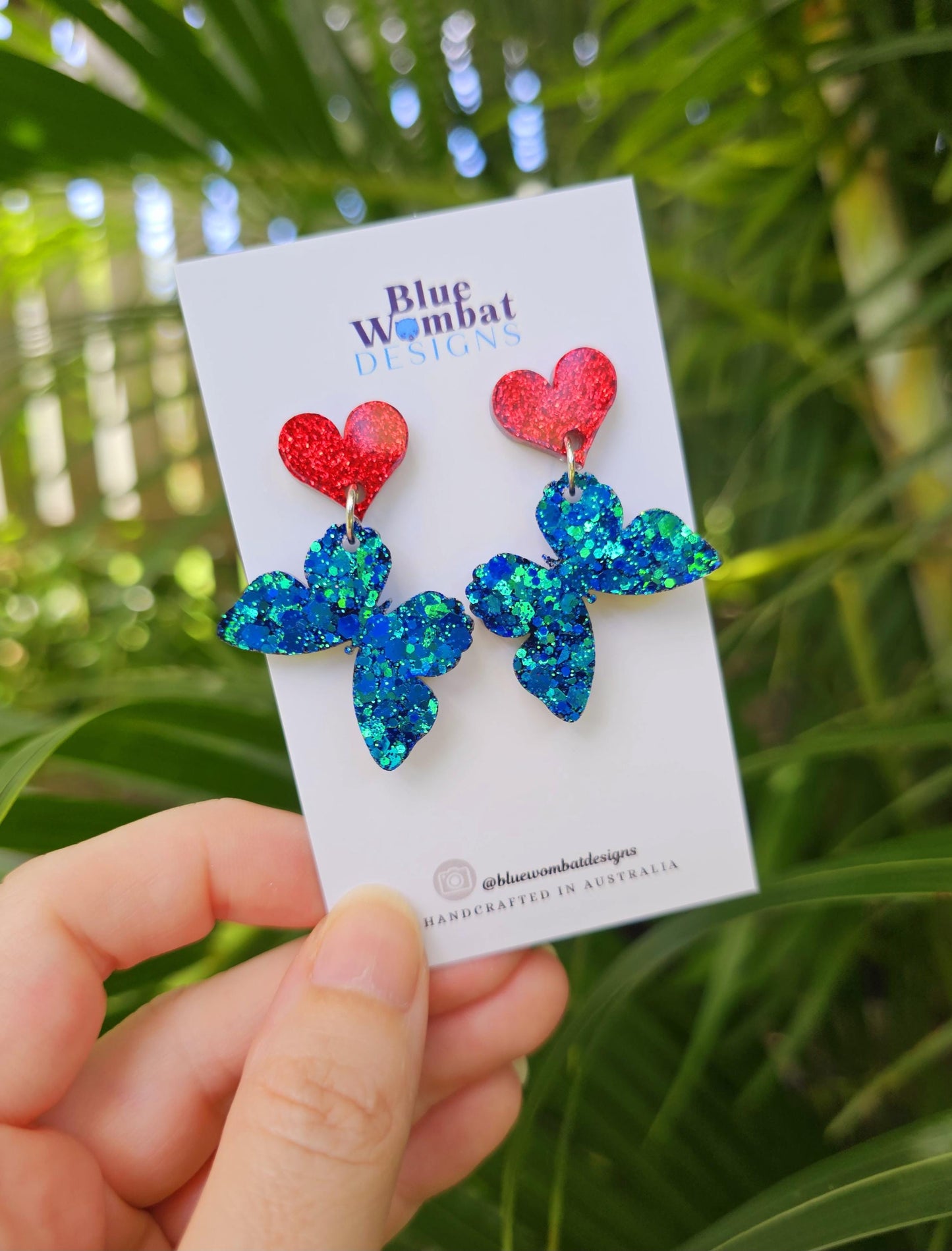 Butterfly Chameleon Glitter Resin Love Heart Statement Dangle Earrings