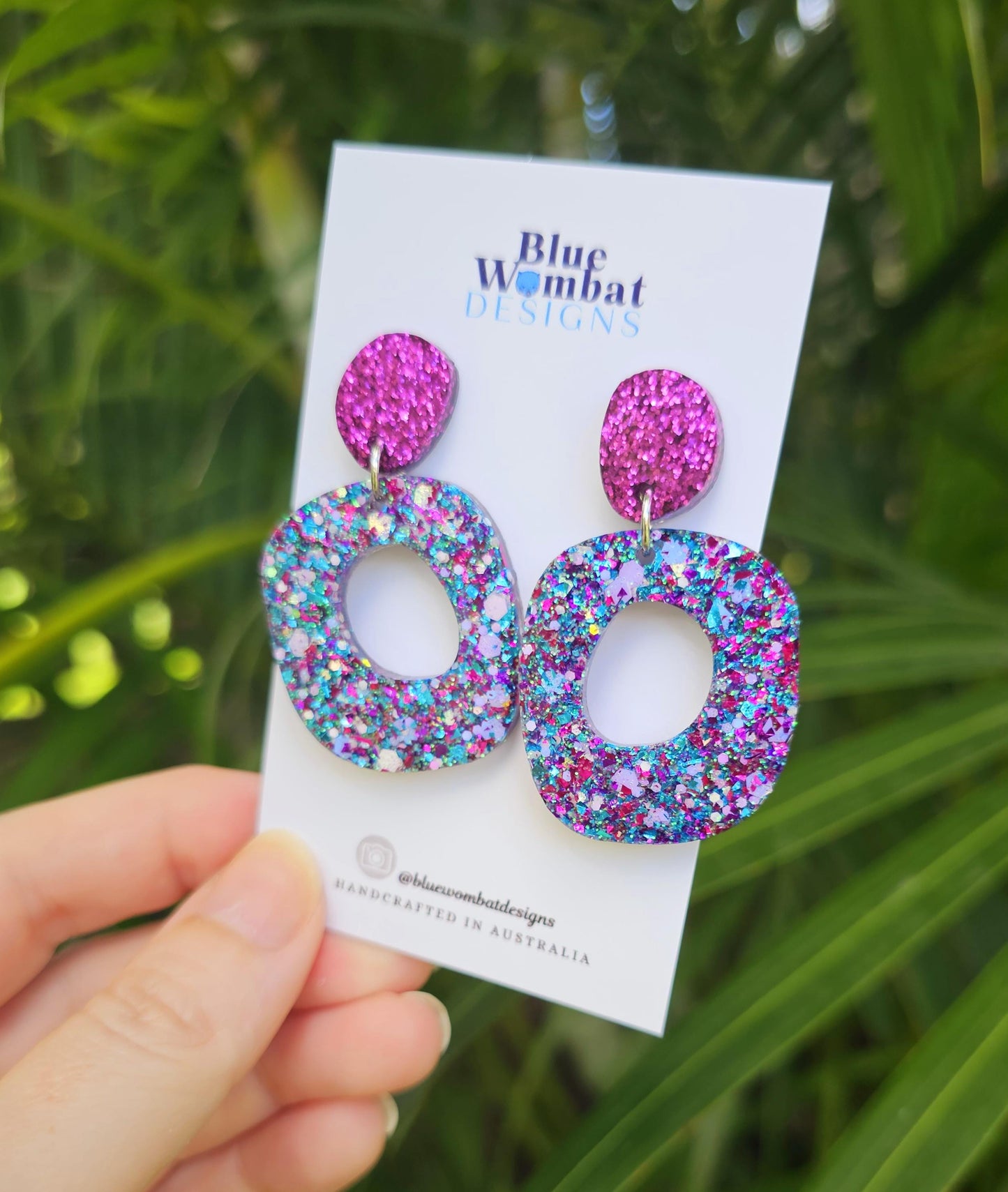 Handmade Glitter Resin Organic Shape Dangle Earrings 50mm x 30mm