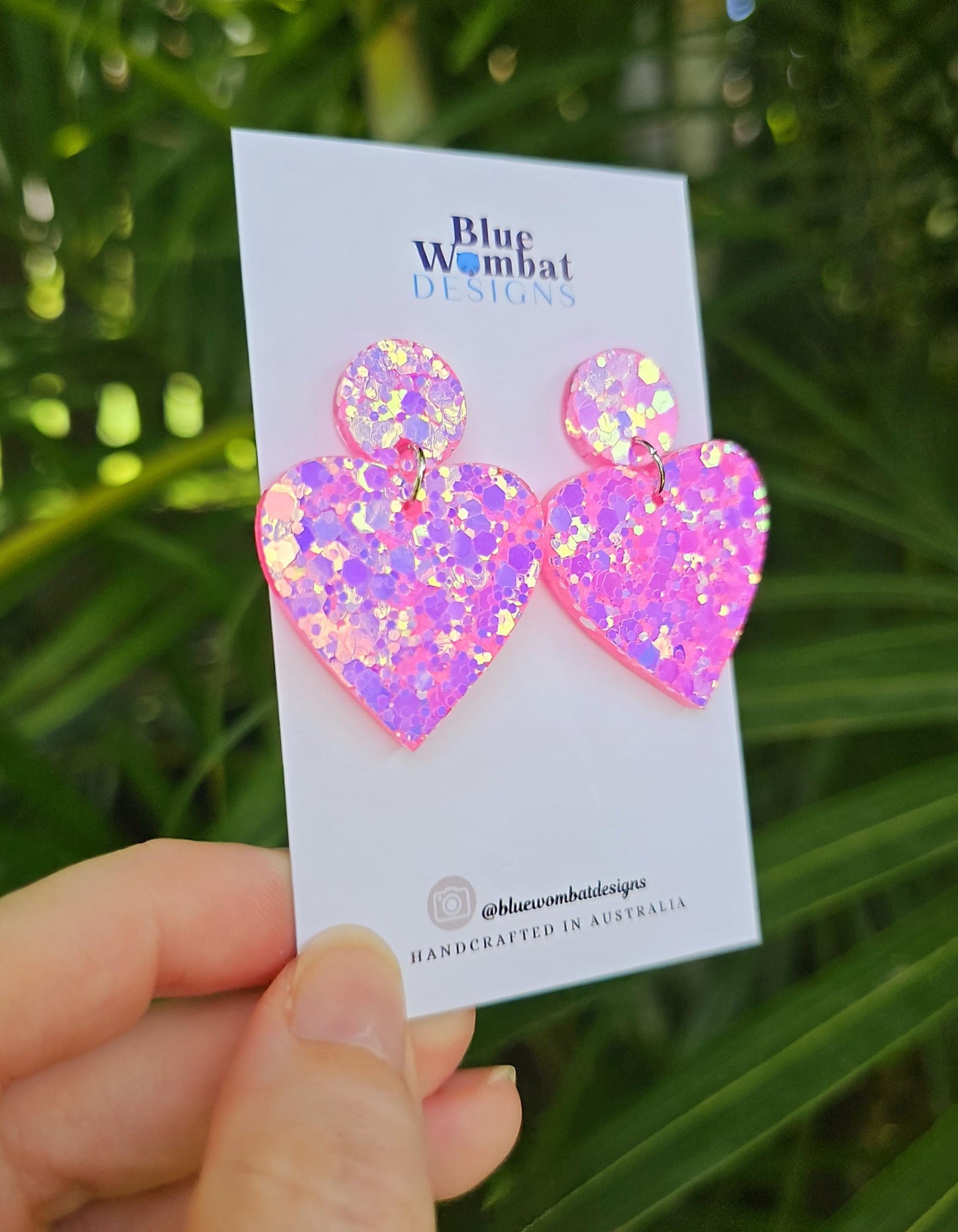 Sparkle Pink Love Heart Glitter Resin Dangle Statement Earrings