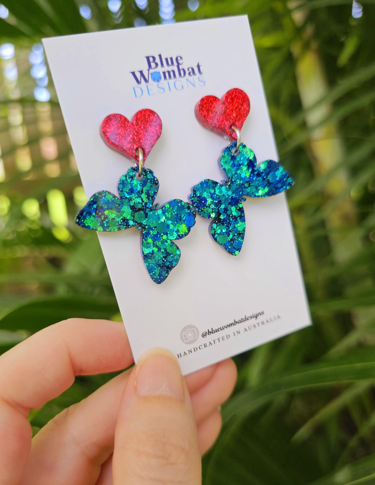Butterfly Chameleon Glitter Resin Love Heart Statement Dangle Earrings