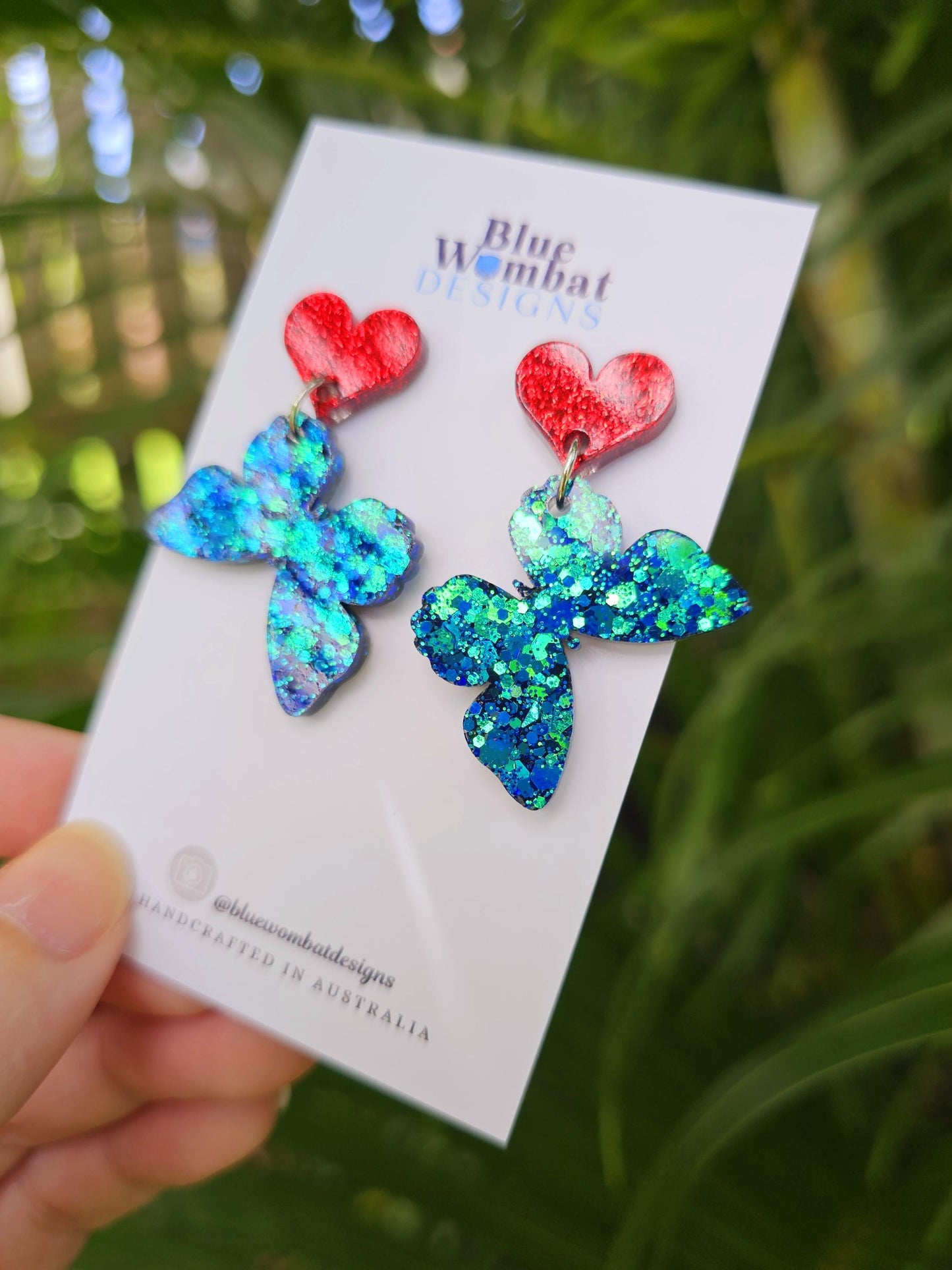 Butterfly Chameleon Glitter Resin Love Heart Statement Dangle Earrings