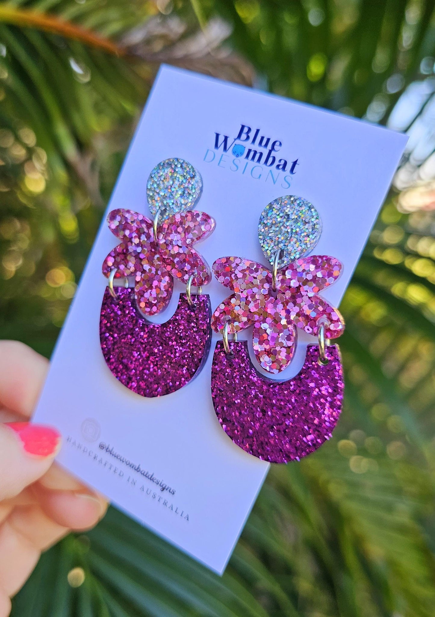Handmade Sparkle Glitter Pink Resin Statement Dangle Earrings
