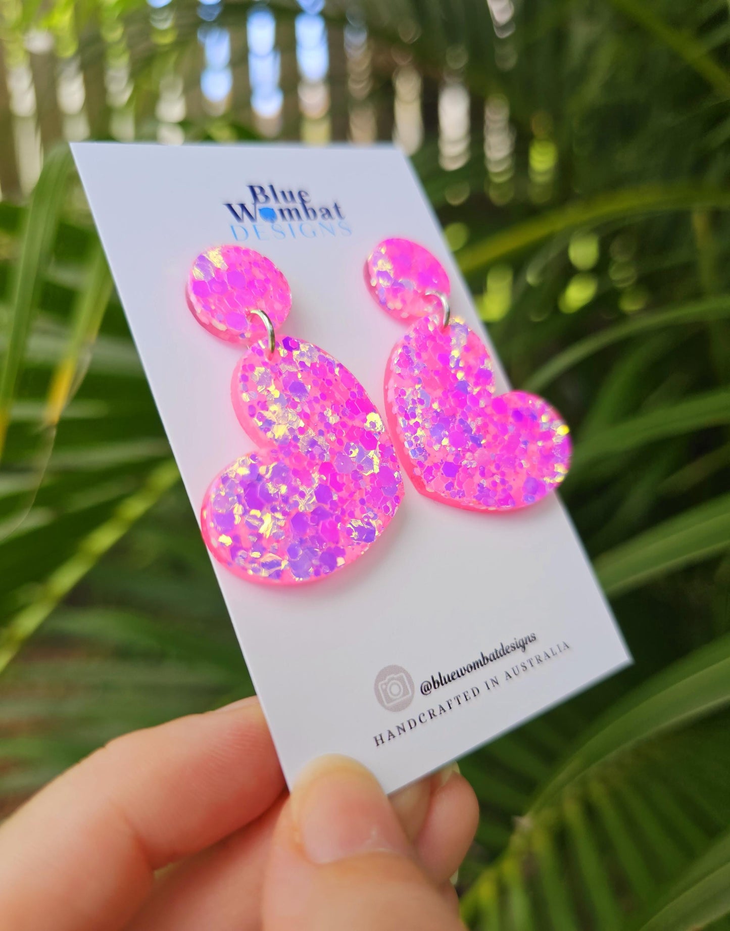 Sparkle Pink Iridescent Glitter Resin Dangle Statement Earrings