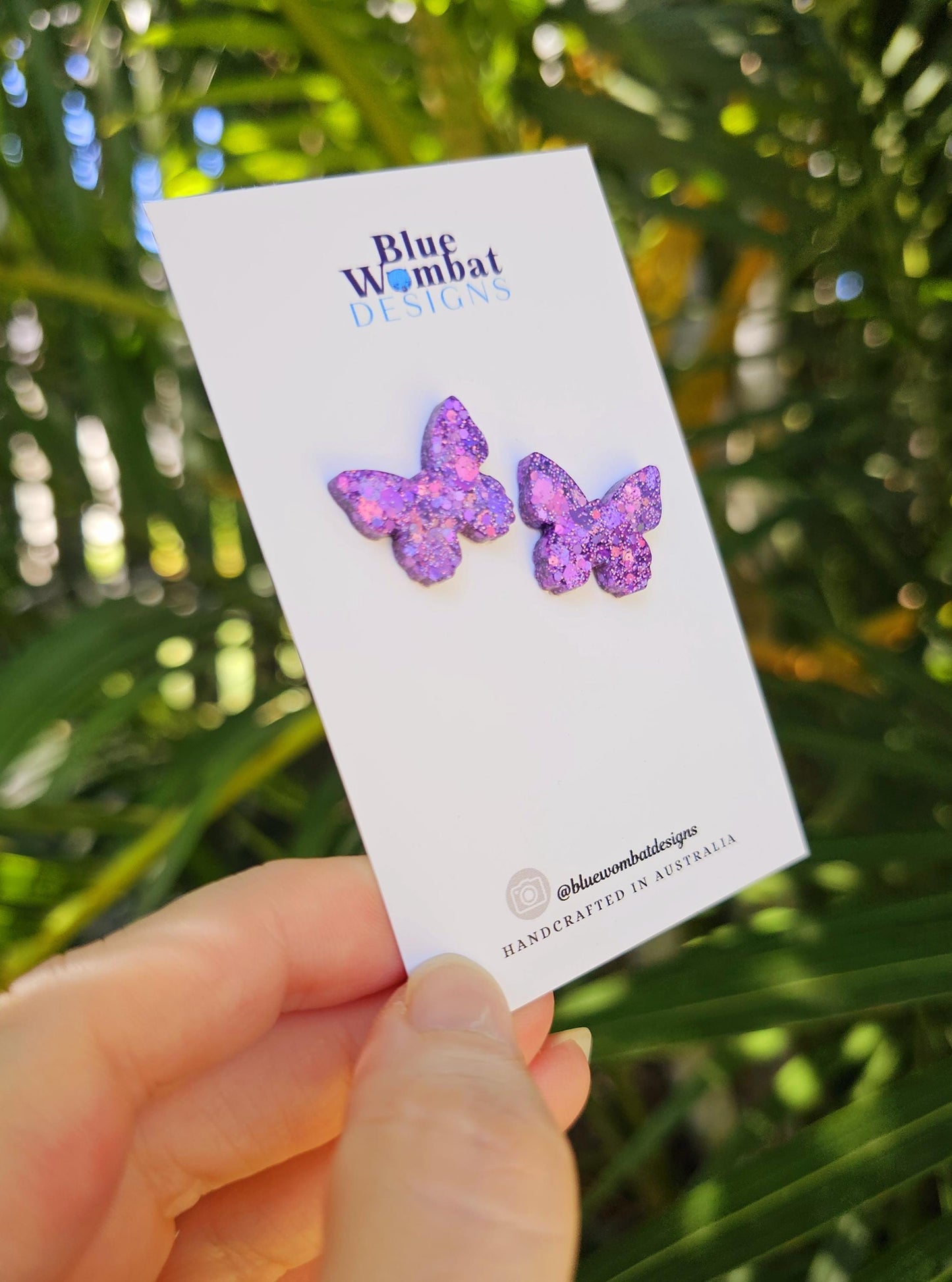 Butterfly Purple Glitter Resin Handmade Earring small studs