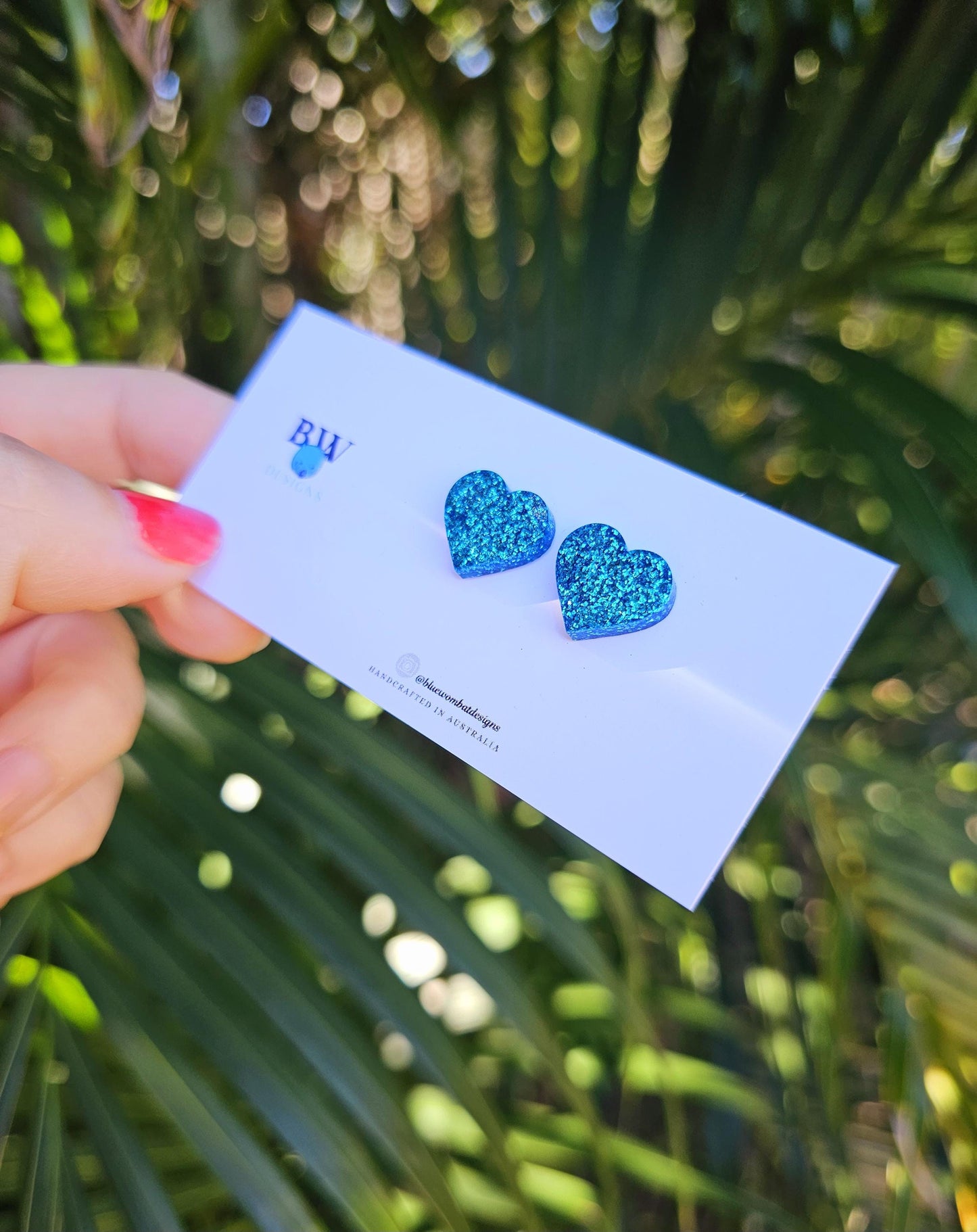 Blue Glitter Love Heart Resin Small Stud Earrings