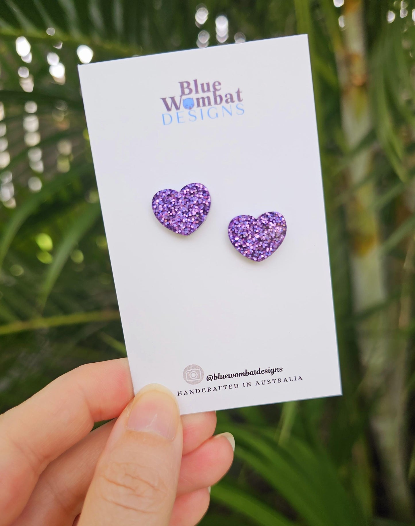 Purple Glitter Love Heart Resin Stud Earrings