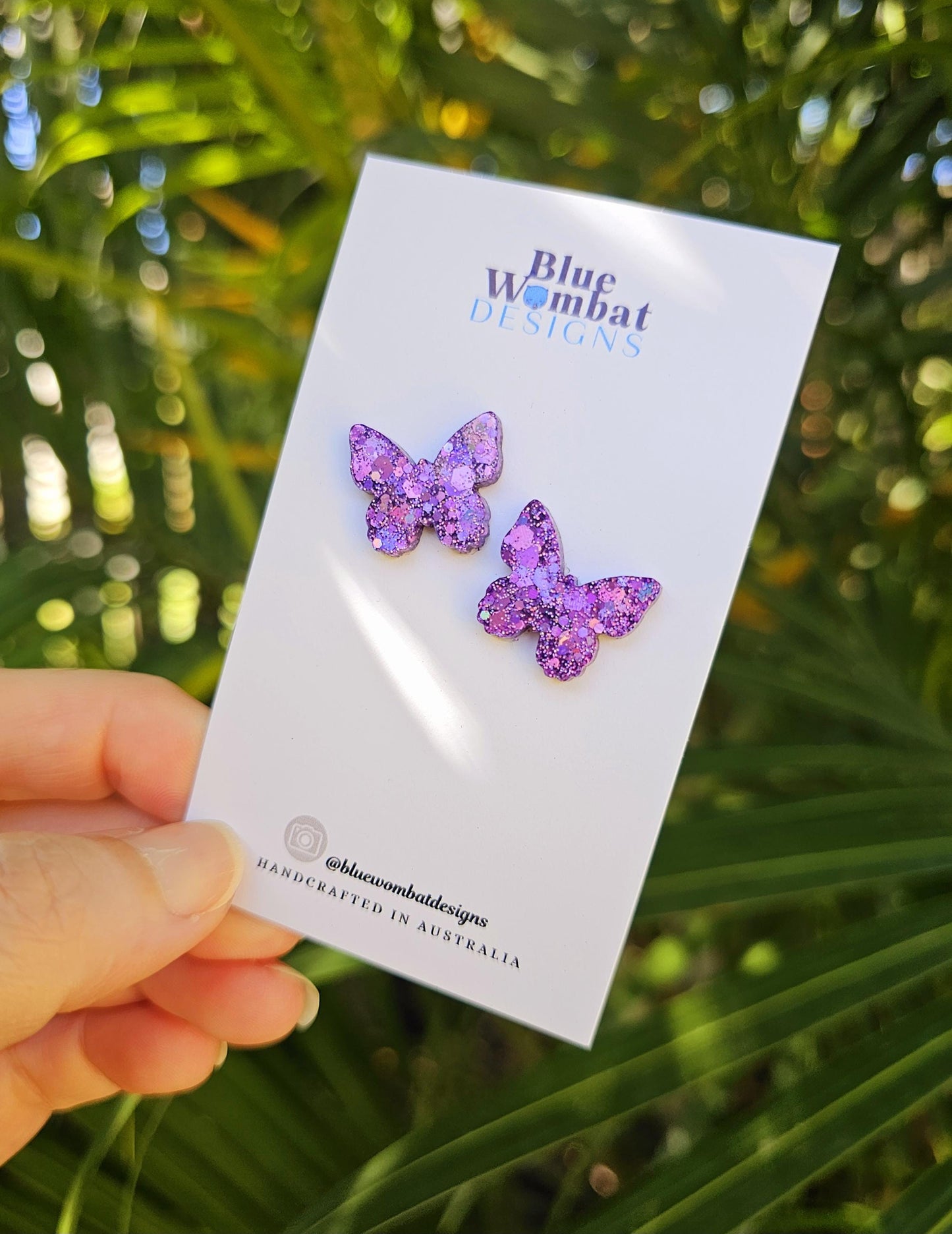 Butterfly Purple Glitter Resin Handmade Earring small studs