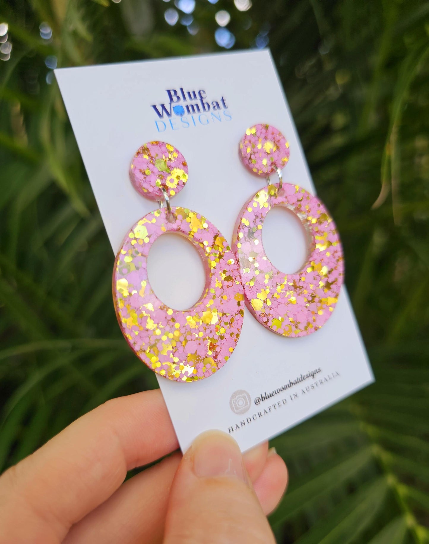 Pink Gold Glitter Resin Hoop Dangle Handmade Statement Earrings