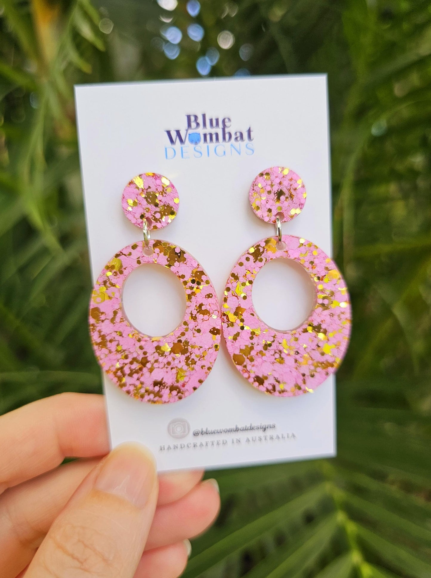 Pink Gold Glitter Resin Hoop Dangle Handmade Statement Earrings