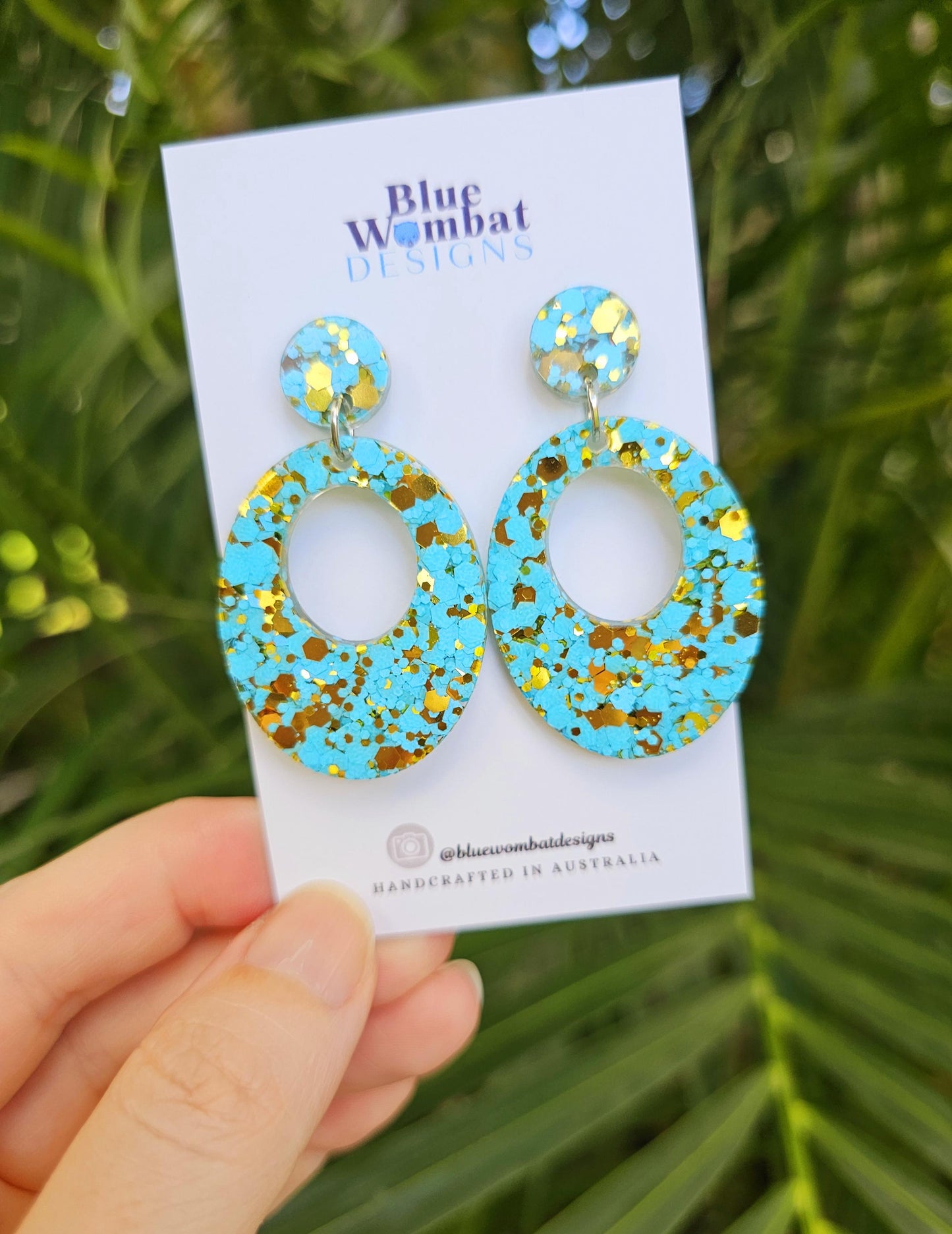 Blue Gold Glitter Resin Hoop Dangle Handmade Statement Earrings