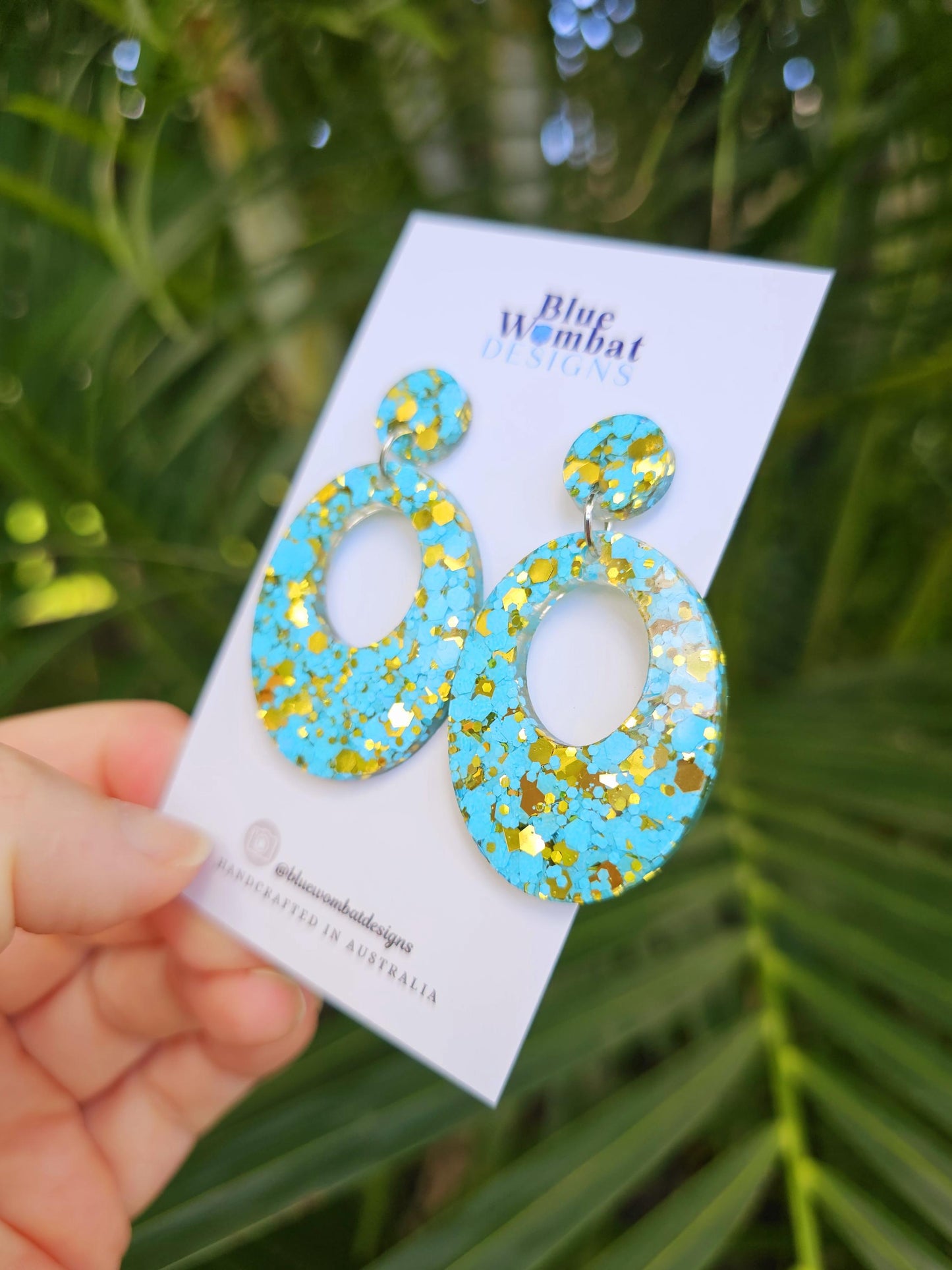 Blue Gold Glitter Resin Hoop Dangle Handmade Statement Earrings