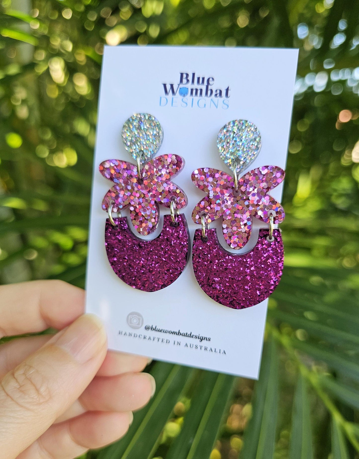 Handmade Sparkle Glitter Pink Resin Statement Dangle Earrings