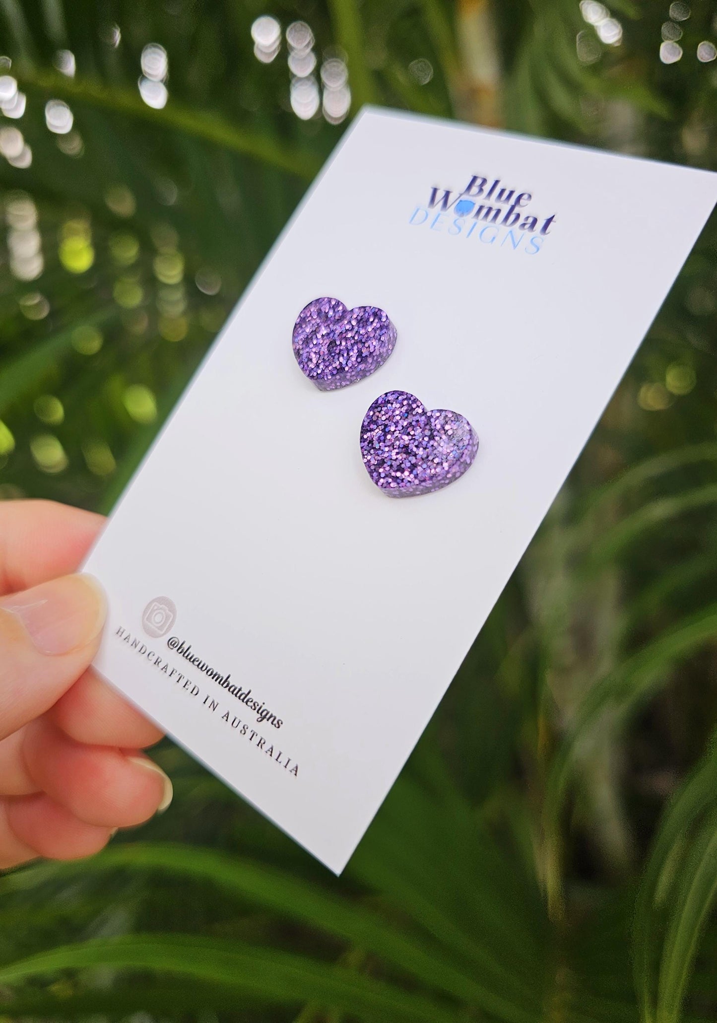 Purple Glitter Love Heart Resin Stud Earrings